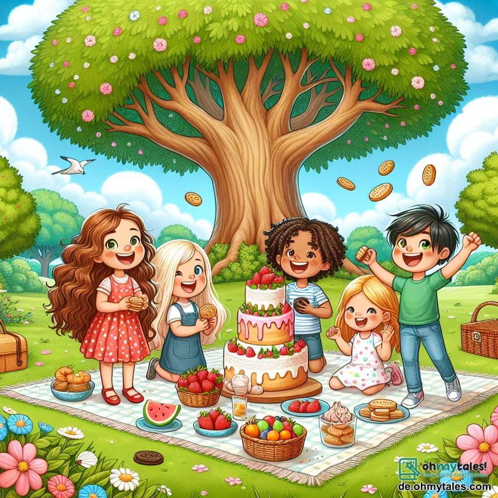 Eine Illustration zeigt einen majestätischen großen Baum in einem sonnigen Park, umgeben von bunten Blumen und einem blauen Himmel mit flauschigen weißen Wolken. Unter dem Baum liegt eine große Picknickdecke auf dem grünen Gras, gefüllt mit köstlichen Kuchen und Früchten. Vier Kinder, zwei Mädchen und zwei Jungen, versammeln sich um die Decke. Ein Mädchen mit langen lockigen Haaren in einem roten Kleid mit weißen Punkten lacht, während es einen Keks in der Hand hält. Neben ihr steht ein anderes Mädchen mit blonden Haaren und einem großen Lächeln in einem rosa Kleid, das sich gerade auf einen Keks vorbereitet. Ein Junge mit braunen Haaren in einem blauen T-Shirt lacht laut, als ein Keks auf seinen Fuß fällt. Schließlich steht ein anderer Junge mit kurzen schwarzen Haaren in einem grünen T-Shirt mit erhobenen Armen im Siegzeichen da, mit einem Keks in jeder Hand. Die Szene vermittelt einen Moment der Freude und Kameradschaft, in dem die Kinder Spaß beim Kekseessen und Lachen haben, was eine Atmosphäre von Glück und Freundschaft schafft. Keksbrösel fliegen durch die Luft, und Vögel fliegen über ihnen, was dieser fröhlichen Szene Leben verleiht.
