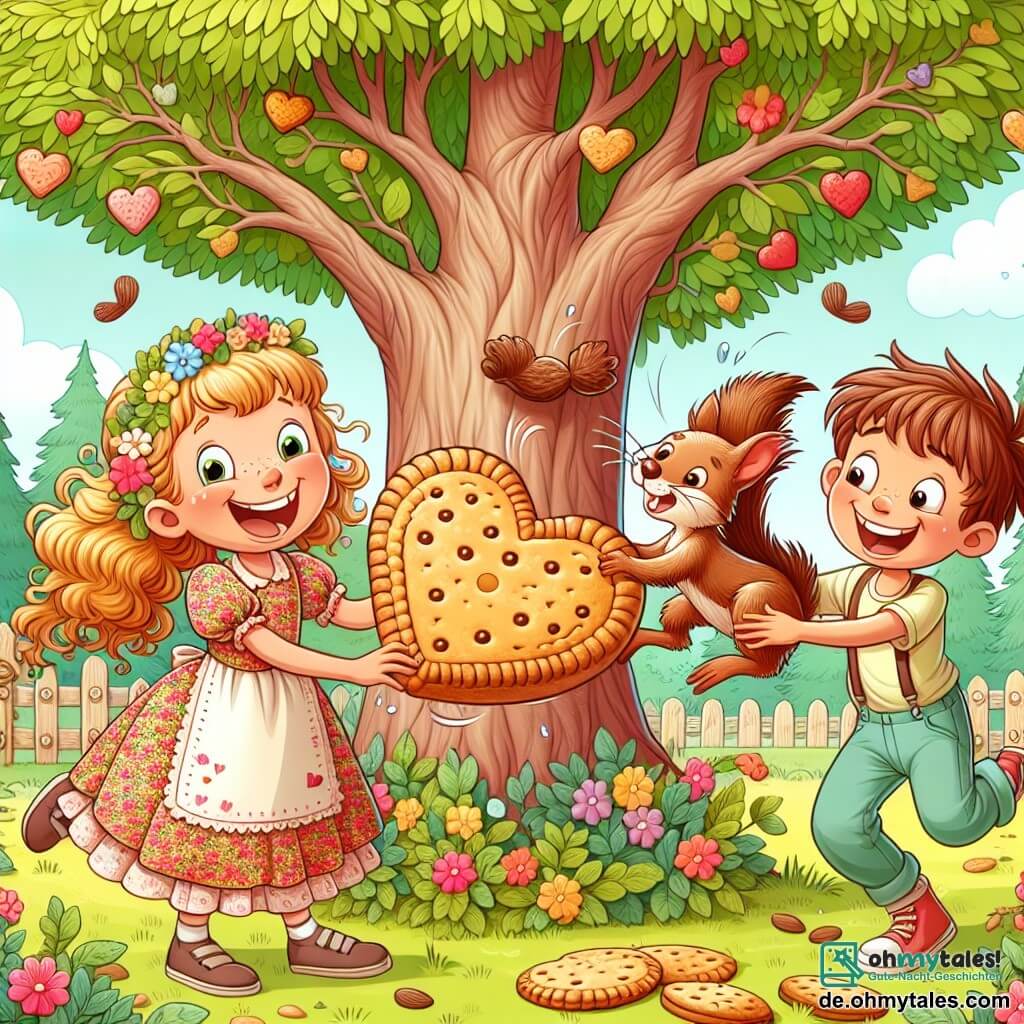 Une illustration sous forme de dessin destinée aux enfants représentant un charmant et coloré arbre dans un bois ensoleillé, où une fille de 11 ans aux cheveux bouclés et blonds, vêtue d'une robe à fleurs, rit en tenant un grand biscuit en forme de cœur, tandis qu'à ses côtés, un garçon aux cheveux bruns en bataille et une fille aux cheveux châtains tressés, tous deux souriants, essaient de rattraper un écureuil espiègle qui s'enfuit avec un autre biscuit, illustrant ainsi leur joyeuse aventure de recherche de friandises perdues.