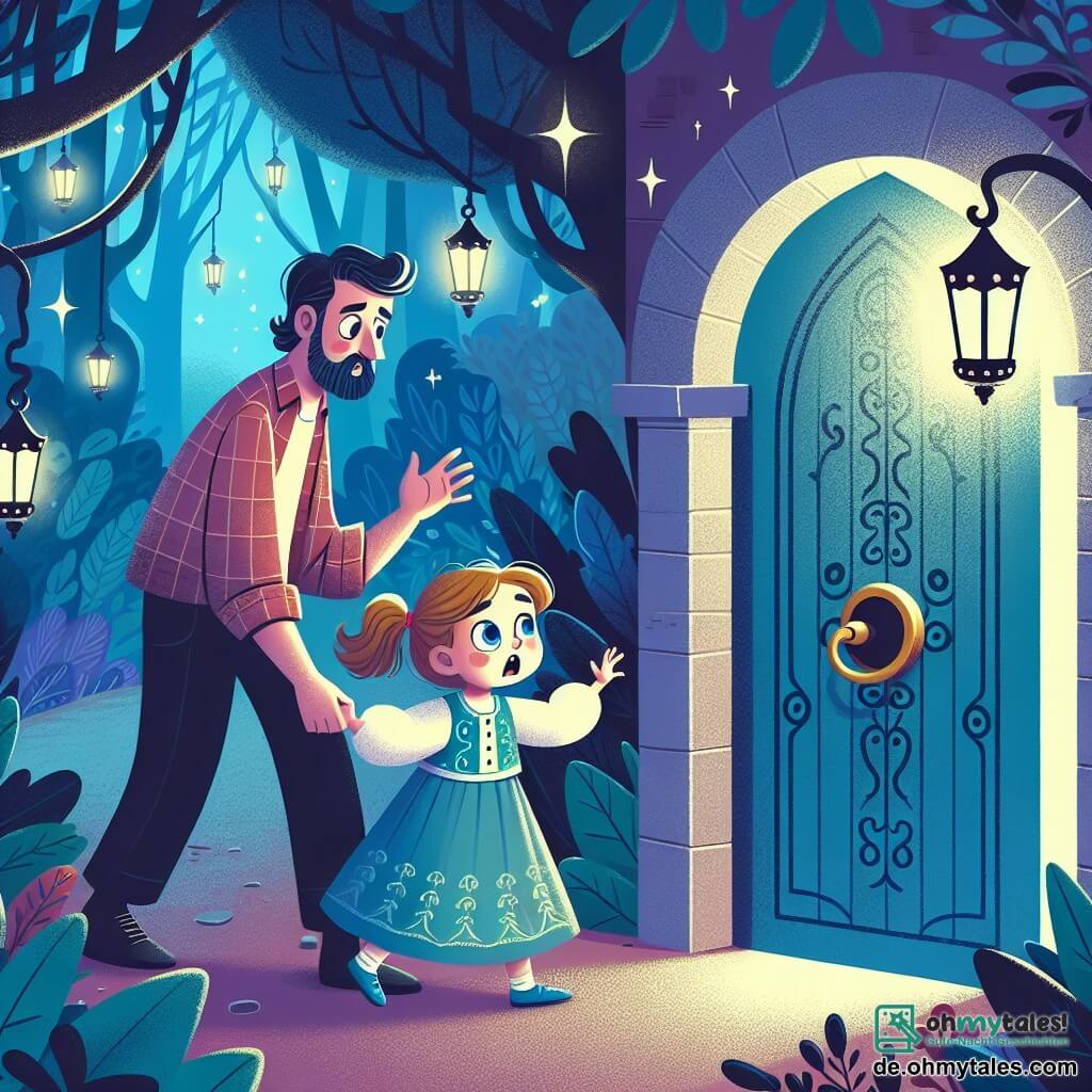 Une illustration destinée aux enfants représentant une petite fille, pleine de peur, découvrant une porte secrète avec l'aide de son papa, dans un parc enchanté illuminé par une magique lampe.