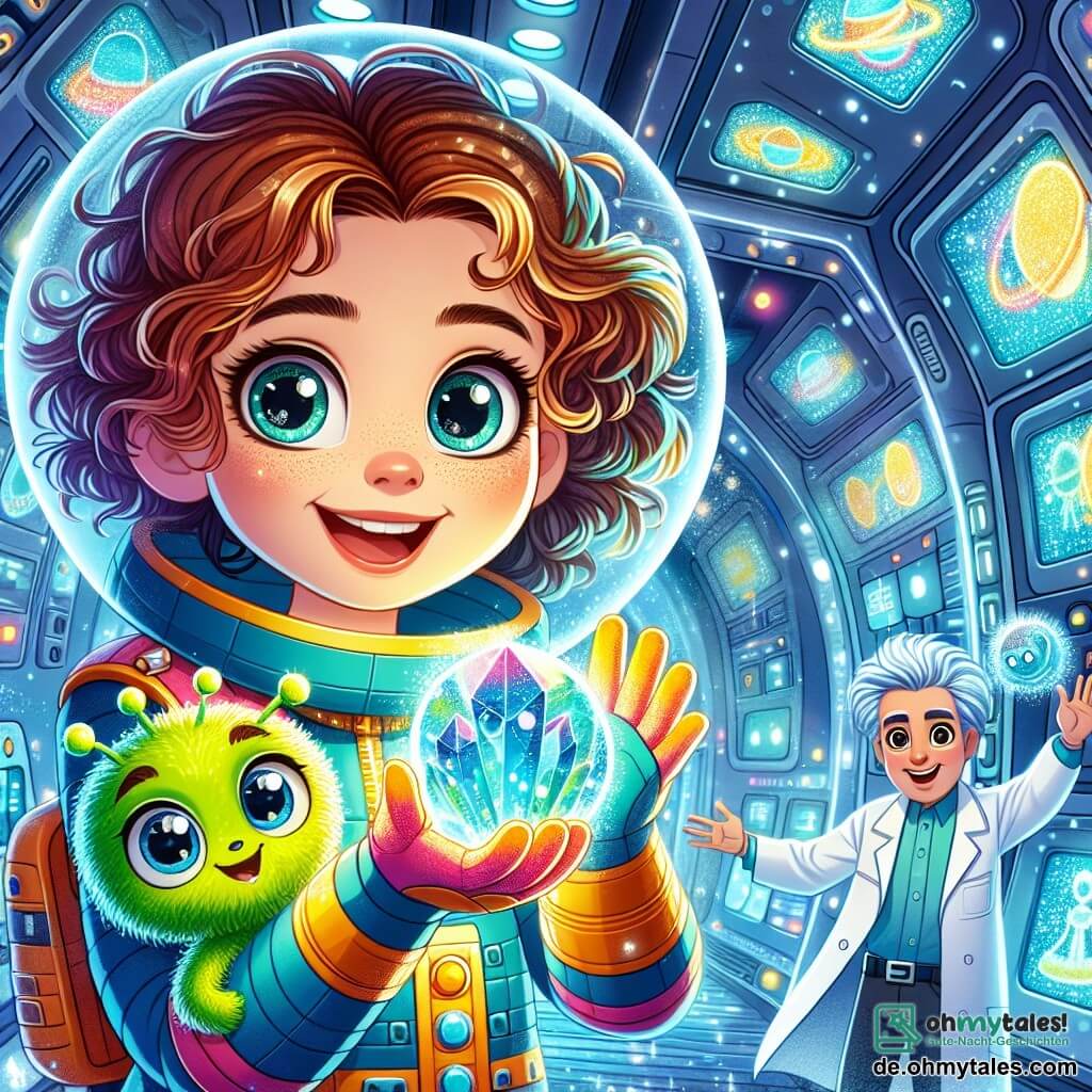 Une illustration sous forme de dessin destinée aux enfants représentant une scène colorée sur une station spatiale futuriste, avec des murs brillants et des écrans scintillants, où une fille de 9 ans aux cheveux bouclés et aux yeux pétillants, vêtue d'une combinaison spatiale colorée, tient un cristal lumineux dans ses mains, entourée d'un petit alien vert à fourrure avec de grands yeux ronds qui sourit joyeusement, tandis qu'un alien bleu aux yeux perçants, habillé comme un scientifique, les observe avec admiration, capturant le moment où ils célèbrent leur victoire après avoir récupéré le cristal volé d'un pirate de l'espace.