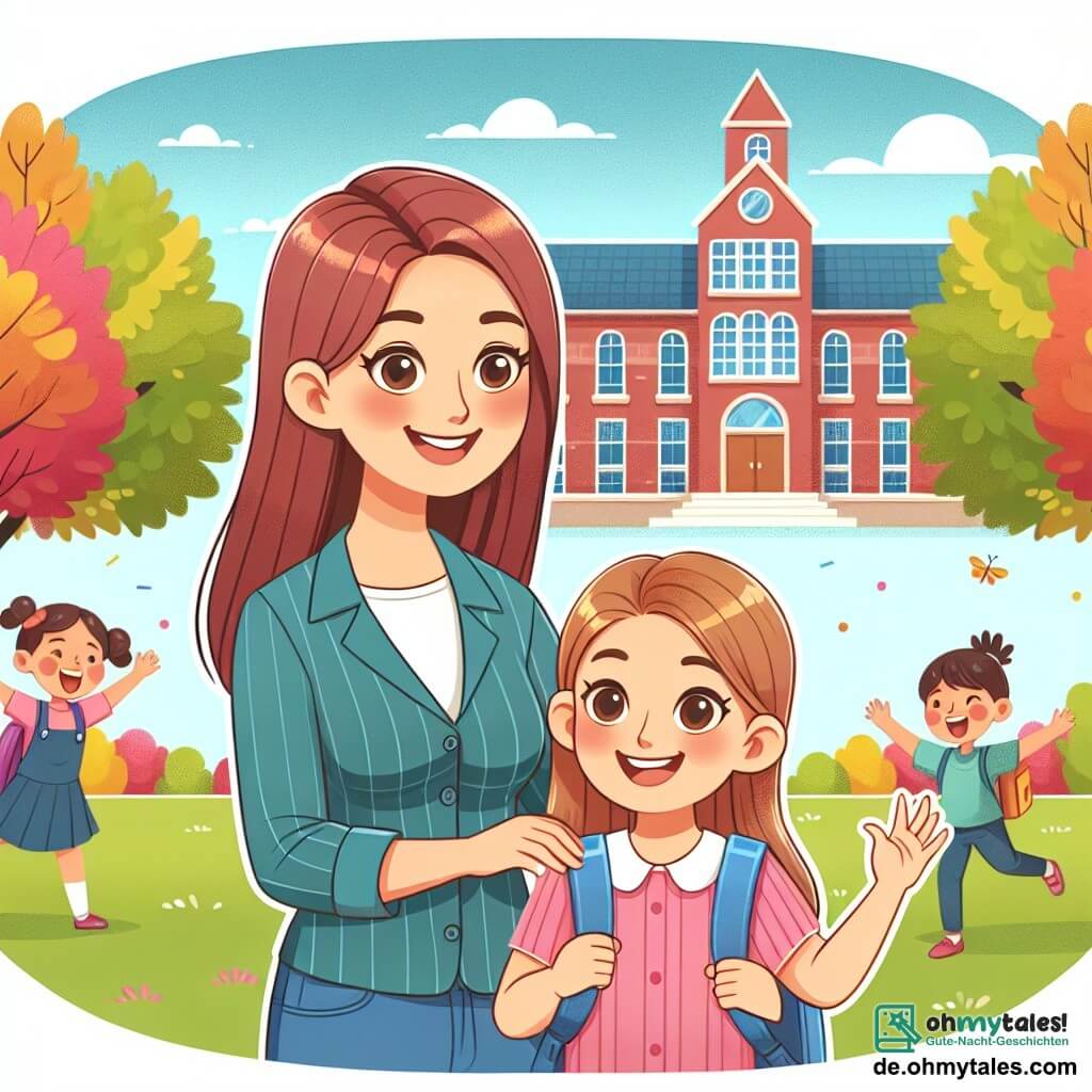 Une illustration destinée aux enfants représentant une jeune fille excitée pour sa première journée d'école, accompagnée de sa maman souriante, se tenant devant une grande école en briques rouges entourée de joyeux enfants jouant dans un parc aux arbres aux feuilles multicolores.