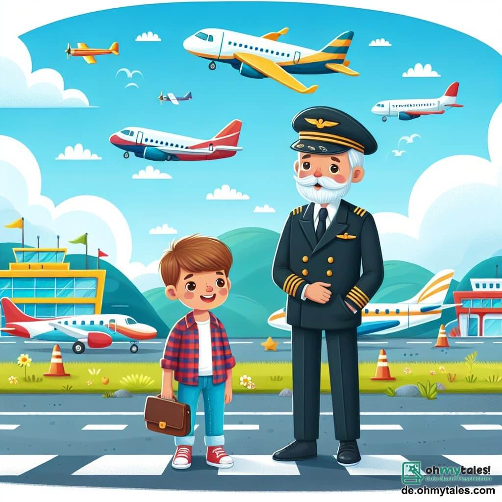 Une illustration destinée aux enfants représentant un jeune garçon passionné par les avions, accompagné d'un sympathique pilote expérimenté, sur un aéroport animé avec des avions colorés prêts à décoller, dans une journée ensoleillée et pleine de promesses.