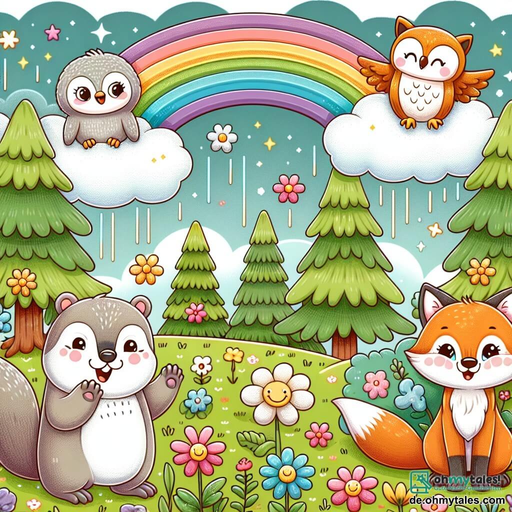 Une illustration destinée aux enfants représentant une joyeuse marmotte, un malicieux renard et une espiègle chouette, évoluant dans un charmant petit bois bordé d'une prairie fleurie et surplombé par un arc-en-ciel étincelant.
