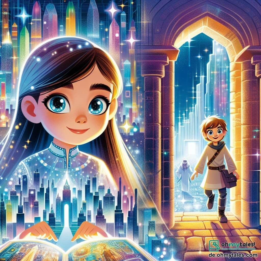 Une illustration destinée aux enfants représentant une petite fille aux cheveux longs et brillants, au regard pétillant de curiosité, évoluant dans une ville futuriste scintillante où des gratte-ciels aux façades en verre coloré se dressent comme des géants illuminés par des néons, tandis qu'elle découvre un mystérieux portail dans des ruines anciennes, accompagnée d'un garçon intrépide, au visage enjoué et aux vêtements futuristes, dans un monde où la magie et la technologie se rencontrent.