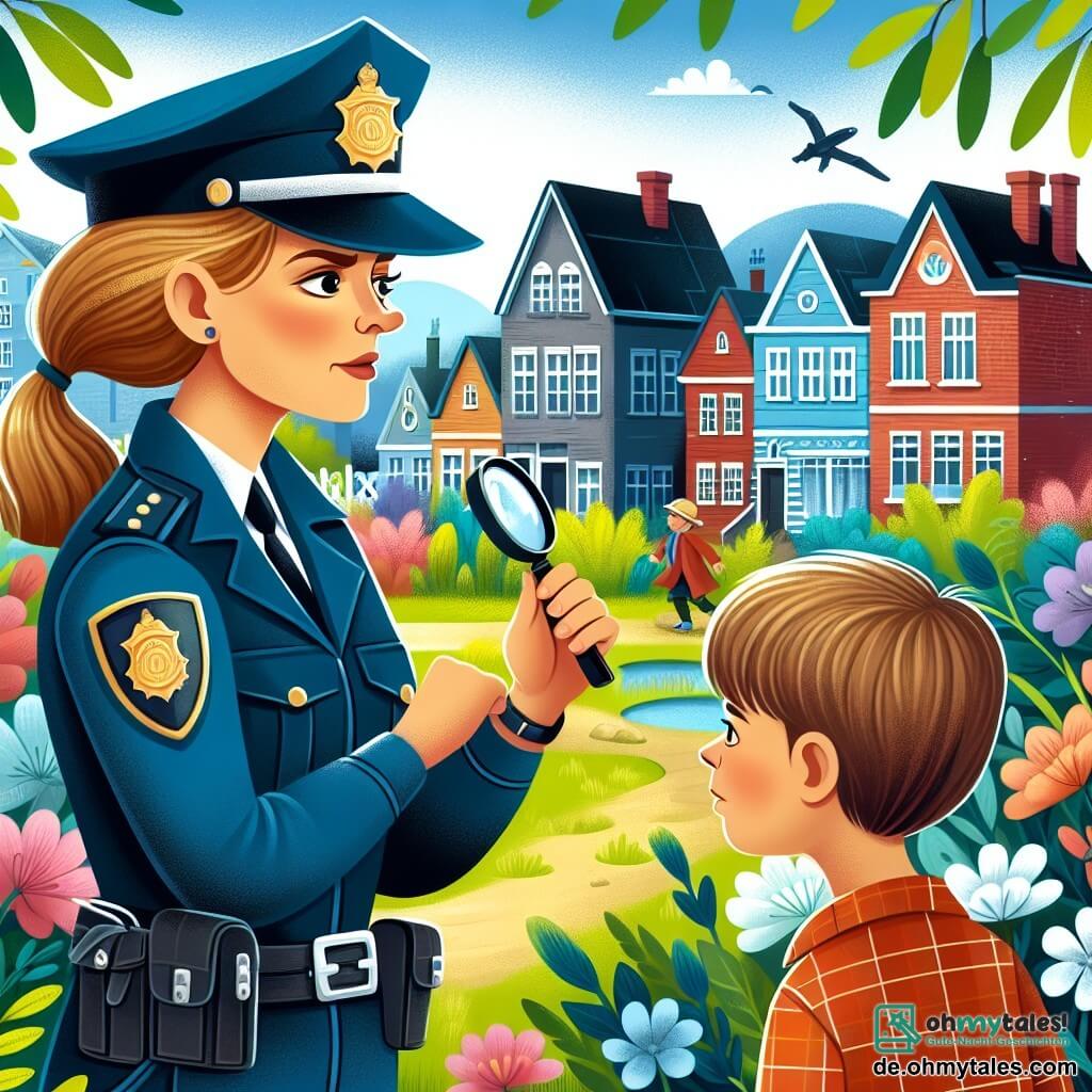 Une illustration destinée aux enfants représentant une courageuse policière (fille) résolvant un mystère avec l'aide d'un garçon dans une petite ville colorée, pleine de maisons en briques et de jardins fleuris.