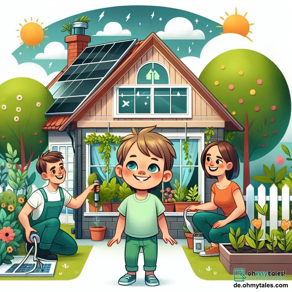 Une illustration destinée aux enfants représentant un petit garçon curieux et plein d'énergie qui, accompagné de ses parents bienveillants, transforme leur maison en un endroit écologique et chaleureux, situé au cœur d'une charmante banlieue verdoyante avec un jardin fleuri et des panneaux solaires scintillants sur le toit.