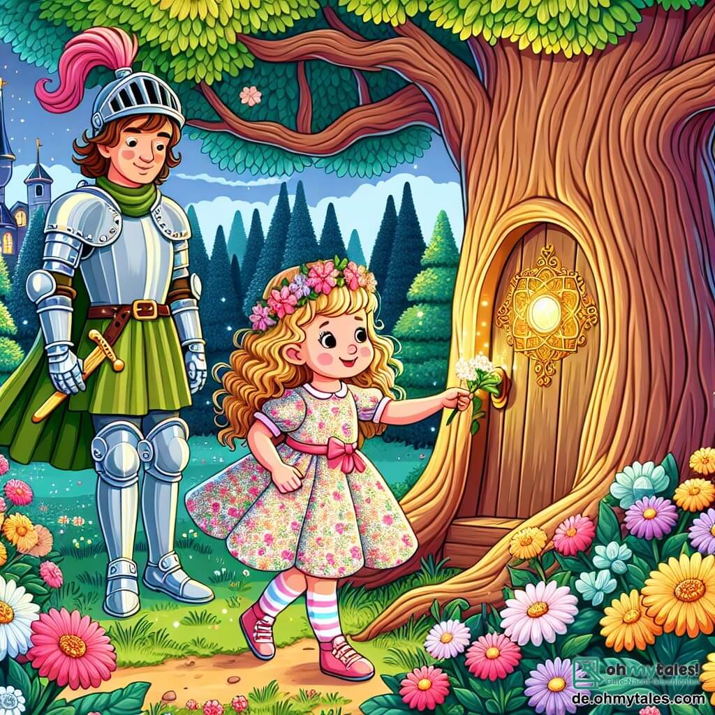Une illustration sous forme de dessin destinée aux enfants représentant un jardin enchanté rempli de fleurs colorées et d'arbres majestueux, où une petite fille de 3 ans aux cheveux bouclés et aux yeux pétillants, vêtue d'une robe à fleurs, découvre une petite porte dans un grand arbre, tandis qu'un gentil chevalier en armure brillante, avec un sourire chaleureux, l'observe avec curiosité, illustrant le moment magique où elle s'apprête à entrer dans une aventure de voyage dans le temps.