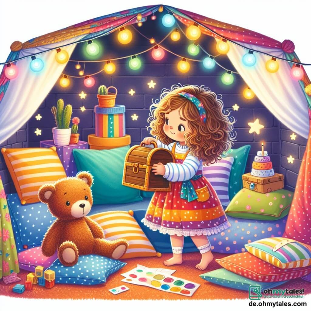 Une illustration sous forme de dessin destinée aux enfants représentant une petite fille de 3 ans avec des cheveux bouclés et une robe colorée, explorant une mystérieuse cave faite de coussins et de couvertures, aux murs scintillants de lumières multicolores, tandis qu'un adorable ours en peluche brun aux yeux brillants l'accompagne, tous deux découvrant une vieille coffre au trésor, symbolisant leur aventure pleine de curiosité et d'amitié.