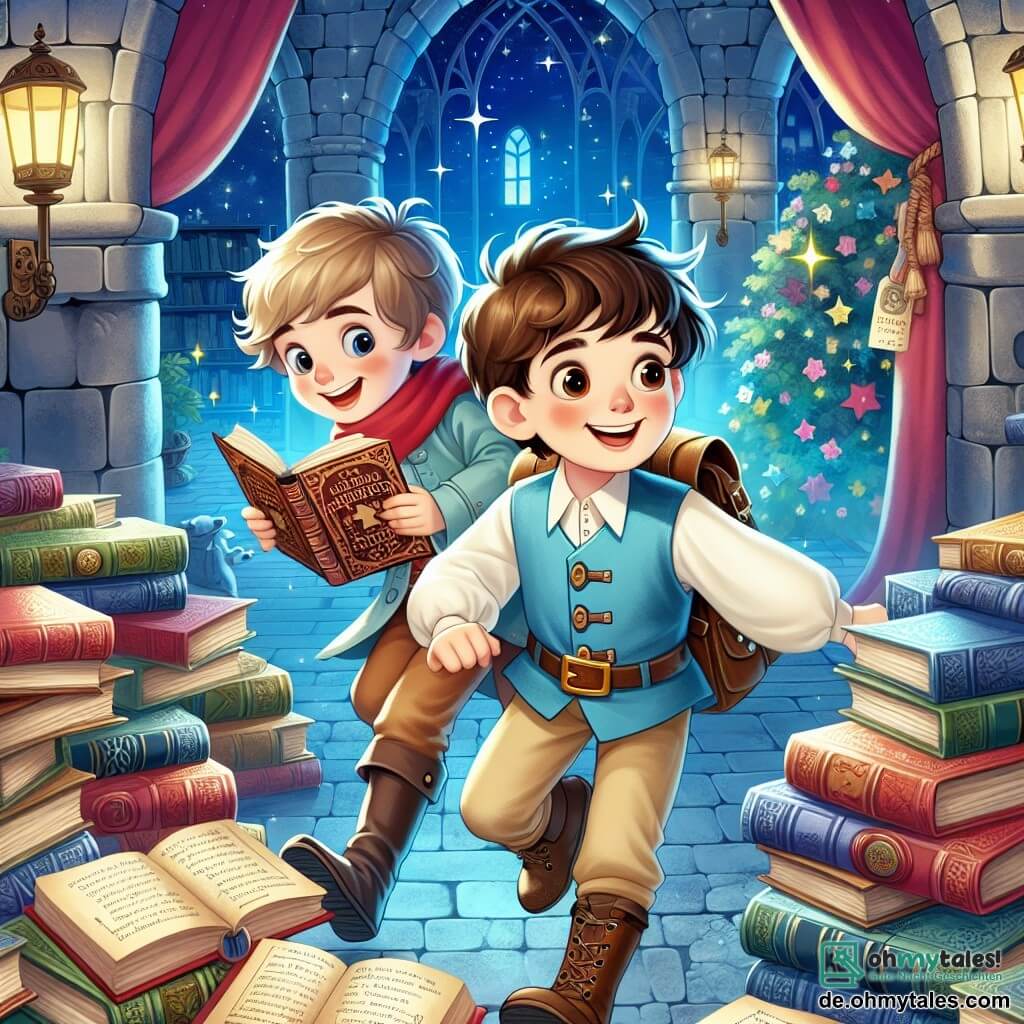 Une illustration destinée aux enfants représentant un garçon joyeux et curieux découvrant des indices mystérieux avec l'aide de son meilleur ami, un garçon espiègle aux cheveux ébouriffés, dans une bibliothèque enchantée remplie de livres aux couvertures brillantes et colorées, où les histoires prennent vie.