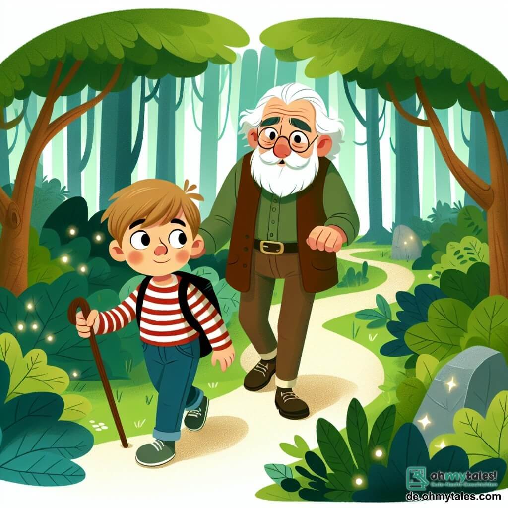 Une illustration destinée aux enfants représentant un jeune garçon curieux et déterminé, accompagné d'un sympathique vieil homme, suivant une piste mystérieuse à travers un parc verdoyant et un dense bois enchanté.
