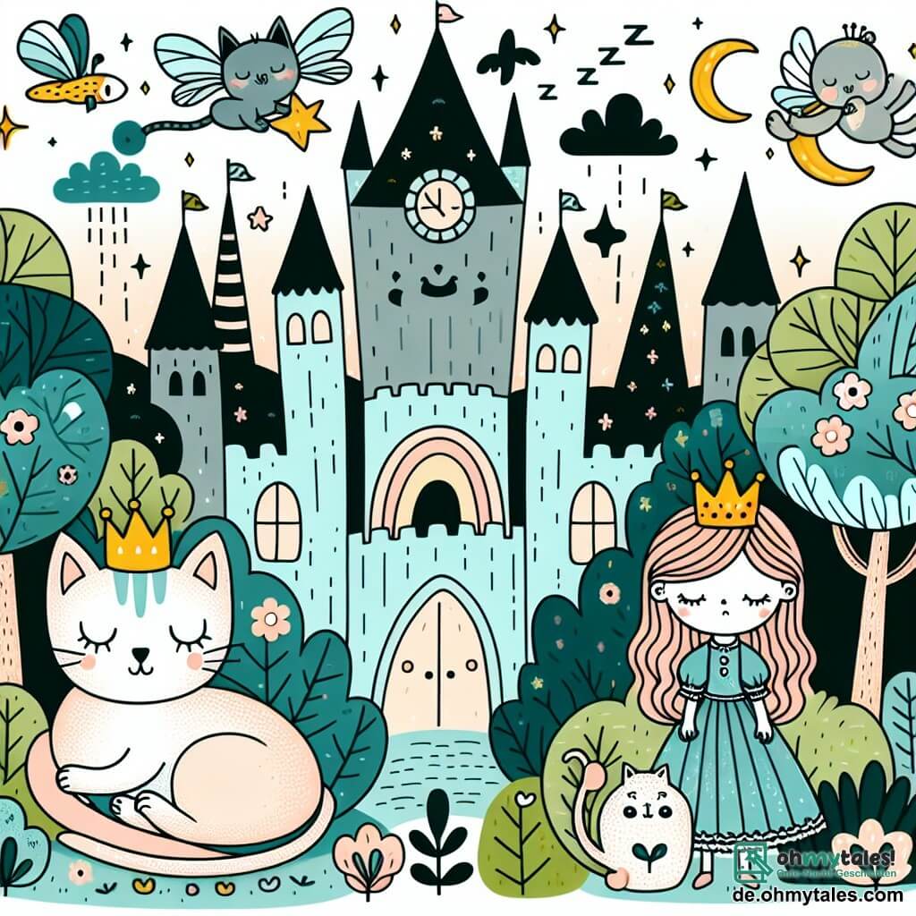 Une illustration destinée aux enfants représentant un chat malicieux, une princesse endormie et un château enchanté entouré de mystérieux bois magiques.