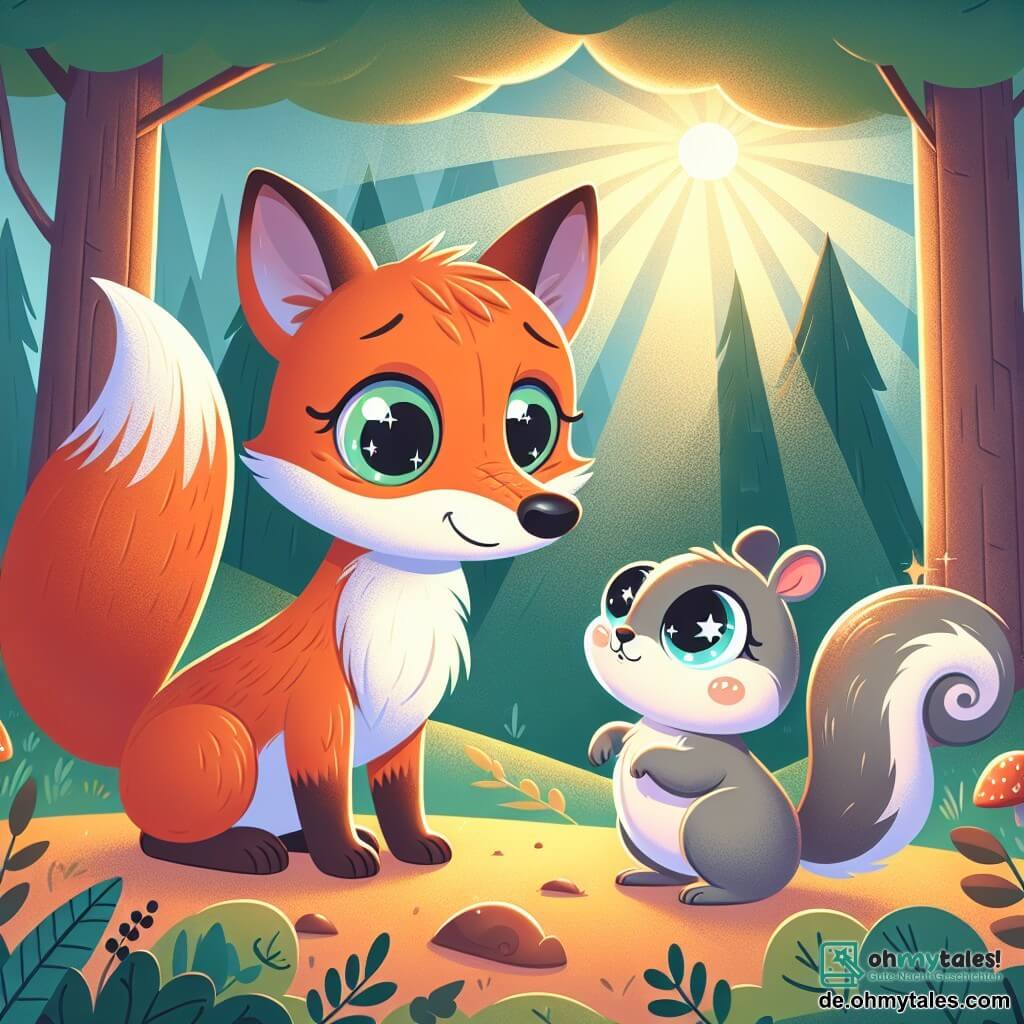 Une illustration destinée aux enfants représentant un renard rusé, un écureuil pleurnichard, une clairière ensoleillée de la forêt où se déroule une aventure magique.