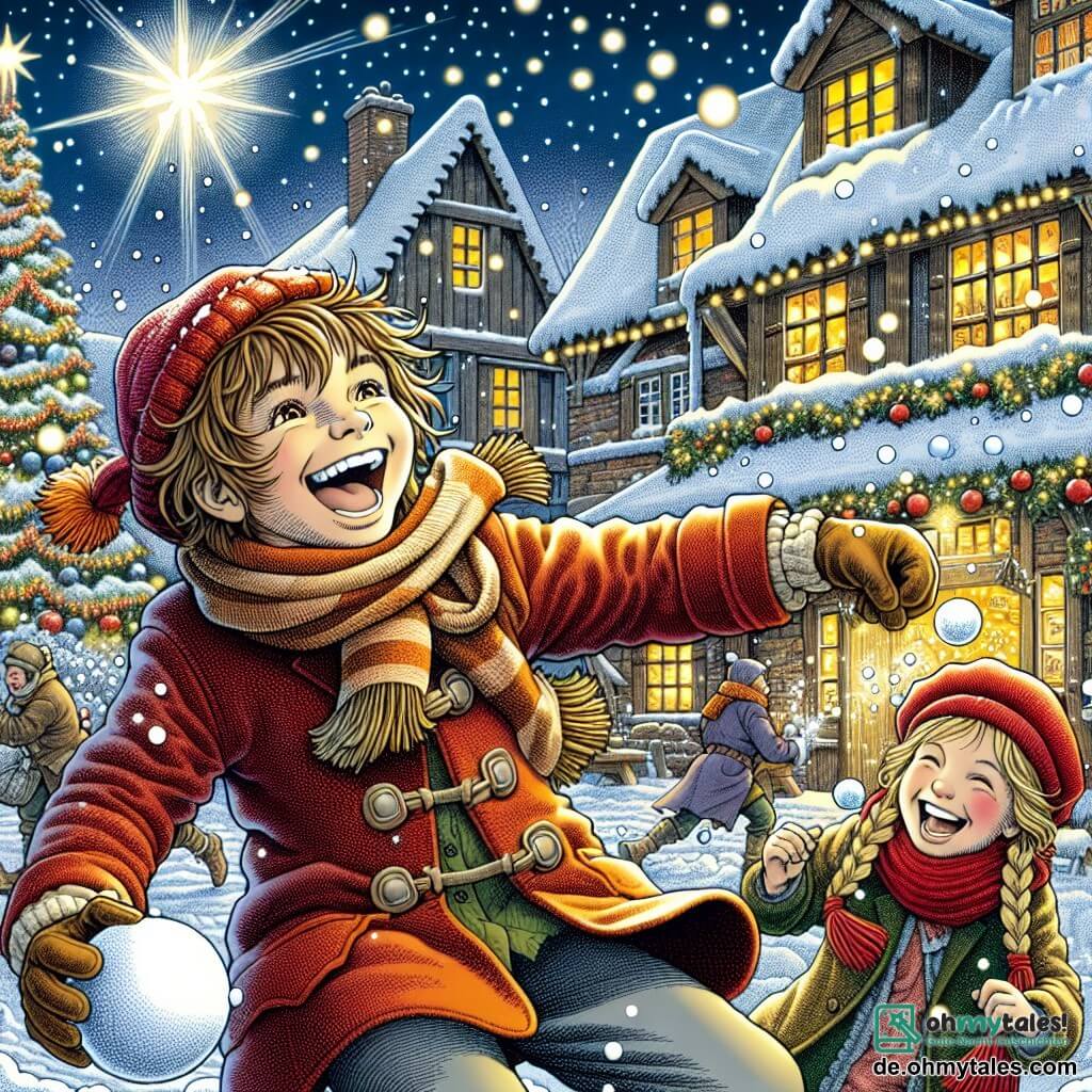 Une illustration sous forme de dessin destinée aux enfants représentant un village enneigé décoré pour Noël, avec une grande taverne illuminée au centre, où un garçon de 11 ans aux cheveux bruns en bataille, vêtu d'un épais manteau rouge et d'une écharpe, se tient joyeusement en train de lancer une boule de neige, tandis qu'une fille aux cheveux blonds tressés, portant un bonnet rouge, rit en s'apprêtant à lui en lancer une à son tour, le tout sous un ciel étoilé scintillant et entouré de sapins décorés de guirlandes lumineuses, symbolisant l'esprit de partage et de joie de Noël.