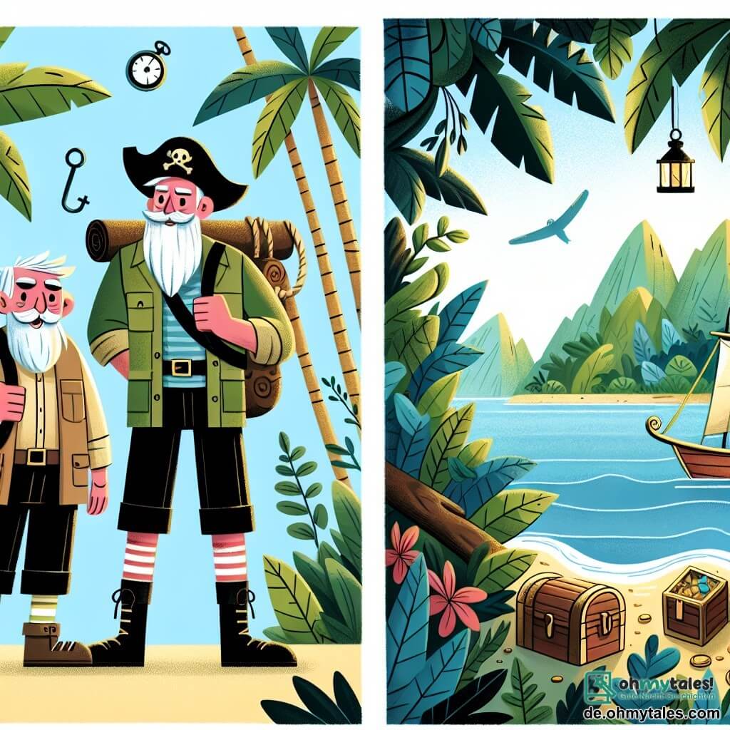 Une illustration destinée aux enfants représentant un courageux explorateur, un vieil guide sage, une île mystérieuse avec une jungle dense et des trésors cachés.