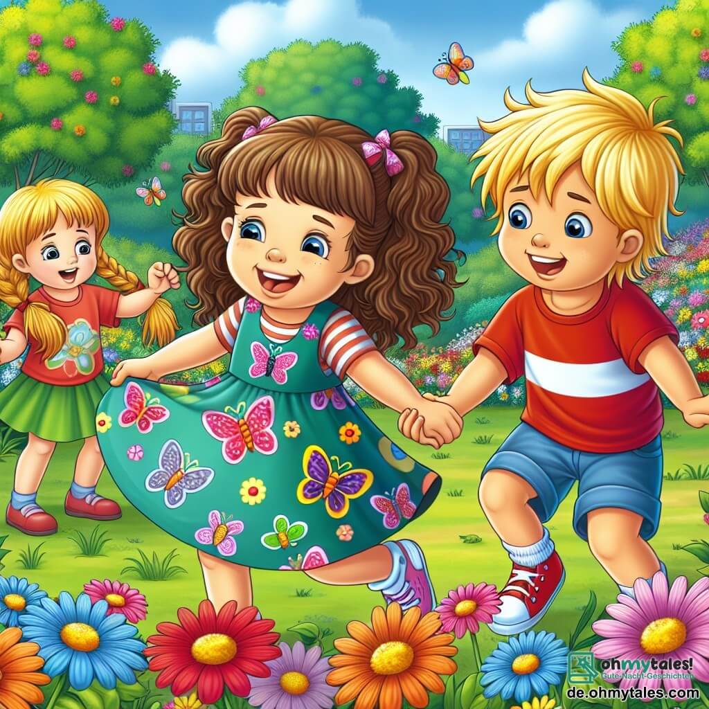 Une illustration sous forme de dessin destinée aux enfants représentant un parc verdoyant parsemé de fleurs colorées, où une petite fille de 5 ans aux cheveux bruns et bouclés, portant une robe à motifs de papillons, sourit joyeusement en jouant avec un petit garçon aux cheveux blonds, habillé d'un t-shirt rouge, tandis qu'une autre petite fille aux longs zöppchen blonds les regarde avec un air timide, illustrant un moment d'amitié naissante où les enfants partagent des rires et des jeux ensemble.