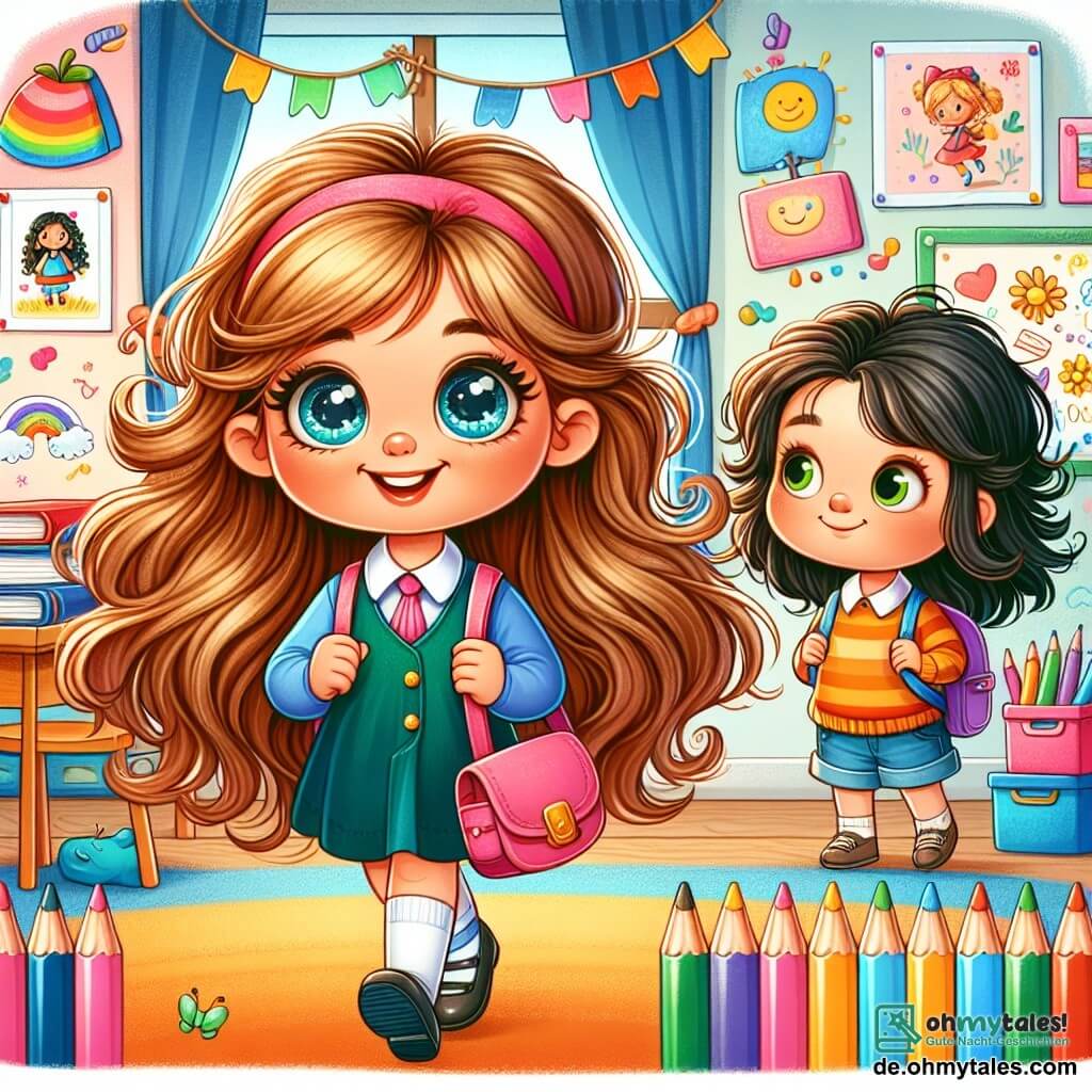 Une illustration destinée aux enfants représentant une petite fille aux longs cheveux bruns et aux yeux pétillants, vivant une aventure excitante lors de sa rentrée des classes, accompagnée d'une nouvelle amie timide aux boucles blondes, dans une salle de classe colorée remplie de livres, de crayons et de dessins joyeux accrochés au mur.