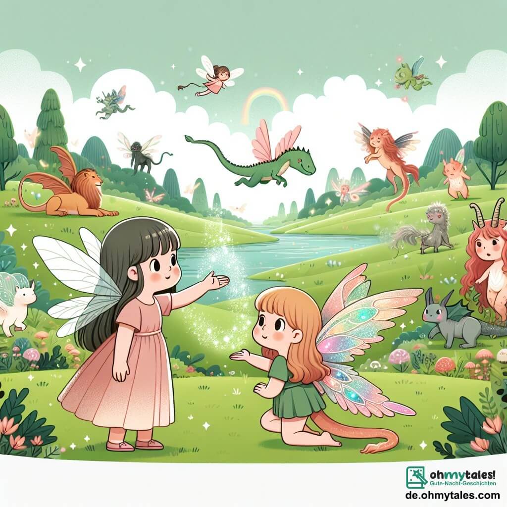 Une illustration destinée aux enfants représentant une fée aux ailes scintillantes faisant une découverte magique en compagnie d'une petite fille curieuse, dans un vaste vallée verdoyante remplie de créatures fantastiques dans une forêt enchantée.