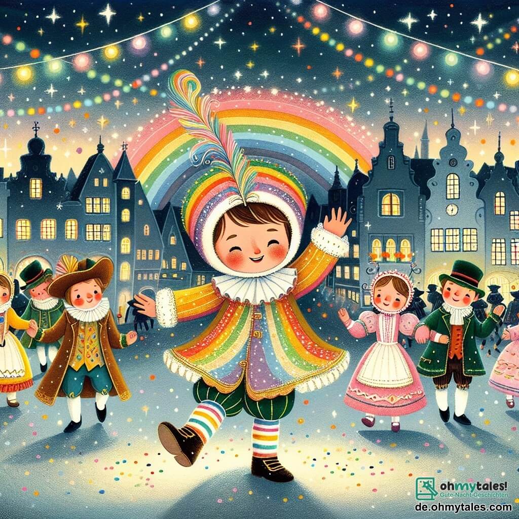 Une illustration destinée aux enfants représentant un petit garçon, vêtu d'un costume de superbe arc-en-ciel, en train de danser joyeusement avec ses amis costumés, sous un ciel étoilé illuminé par des guirlandes scintillantes, lors du grand carnaval de Buntlingen, un village aux maisons colorées et aux rues bordées de lanternes multicolores.