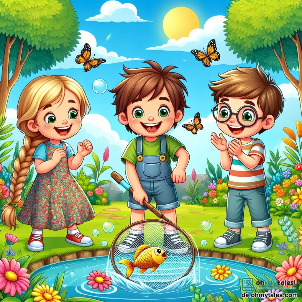 Eine Illustration eines bunten, sonnigen Gartens, gefüllt mit strahlenden Blumen und großen Bäumen mit grünen Blättern. In der Mitte steht ein 7-jähriger Junge mit zerzausten braunen Haaren und einem strahlenden Lächeln. Er hält in einer Hand ein großes Fischernetz und in der anderen einen kleinen goldenen Fisch, sieht triumphierend aus. An seiner Seite stehen zwei Freunde: ein 7-jähriges Mädchen mit langen, geflochtenen blonden Haaren und einem Blumenkleid, das fröhlich applaudiert, und ein 7-jähriger Junge mit runden Brillen und einem gestreiften T-Shirt, der lachend auf den Fisch zeigt. Die Szene zeigt den Moment, in dem sie den Fisch aus einem kleinen Teich gerettet haben, umgeben von Wasserblasen und Lachen, mit bunten Schmetterlingen, die um sie herumfliegen. Der Himmel ist blau mit einigen weißen Wolken, was diesem fröhlichen Abenteuer einen Hauch von Magie verleiht.