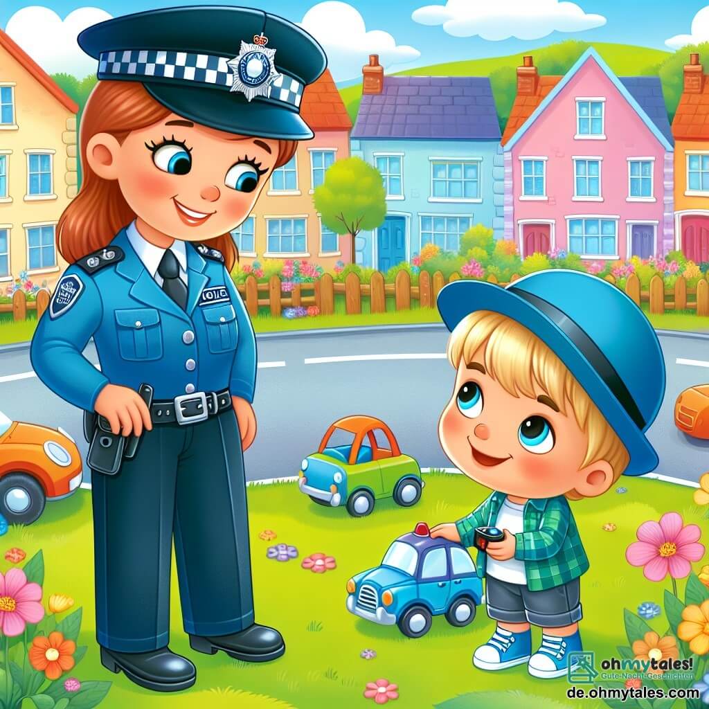 Une illustration sous forme de dessin destinée aux enfants représentant une charmante petite ville ensoleillée avec des maisons colorées et des fleurs épanouies, où une femme policière souriante en uniforme bleu et portant un chapeau se penche pour discuter avec un jeune garçon aux cheveux blonds et aux yeux pétillants, qui la regarde avec admiration tout en tenant un jouet en forme de voiture, alors qu'ils se trouvent près d'un parc où des enfants jouent joyeusement, capturant l'esprit d'entraide et de sécurité de l'histoire.