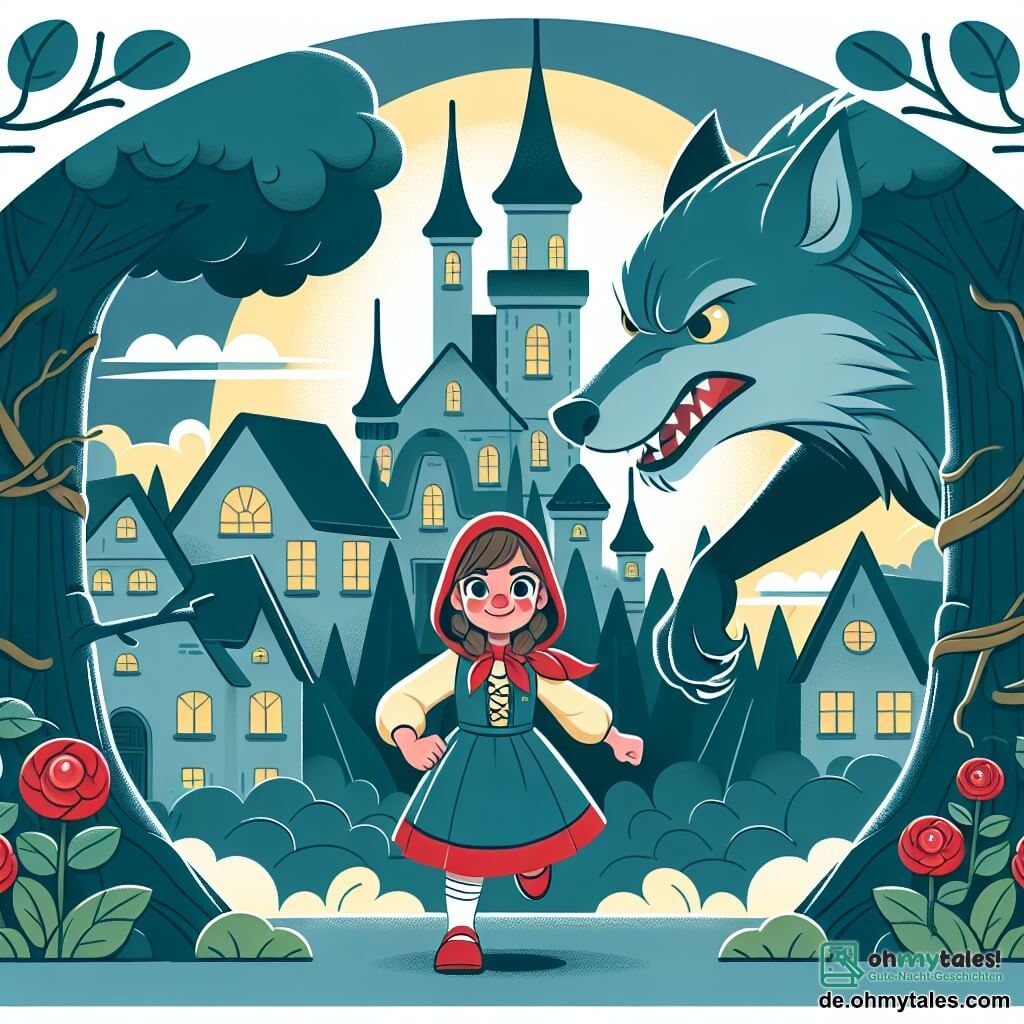 Une illustration destinée aux enfants représentant une jeune fille courageuse confrontée au grand méchant loup dans une forêt mystérieuse, avec en toile de fond un village pittoresque et des arbres majestueux.