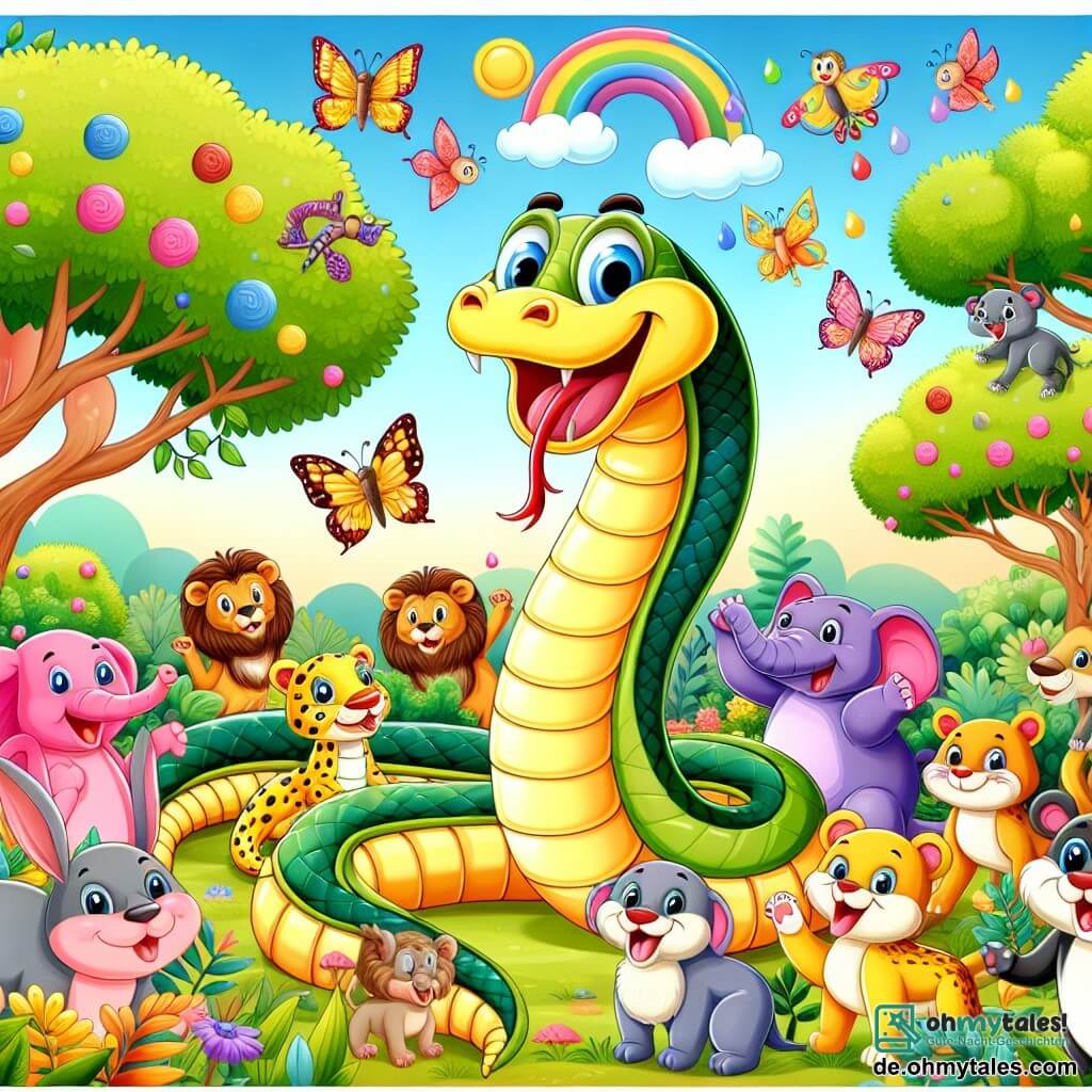 Une illustration destinée aux enfants représentant un serpent joyeux et étourdi, accompagné de ses amis animaux, se promenant dans une forêt luxuriante et colorée.