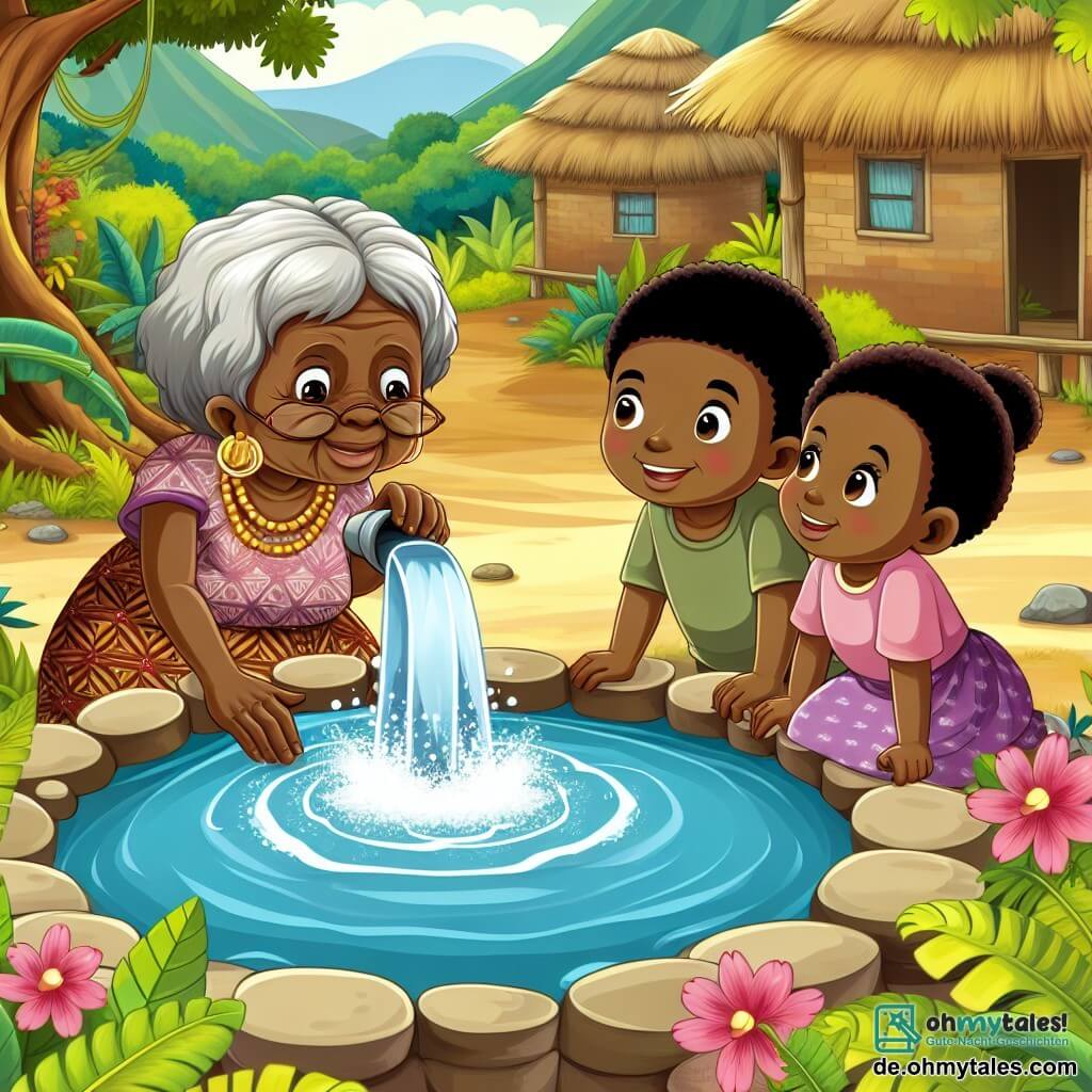Une illustration destinée aux enfants représentant une femme sage aux cheveux gris discutant avec une jeune fille et un garçon autour d'une source d'eau étincelante au cœur d'un village africain entouré de luxuriante végétation tropicale.