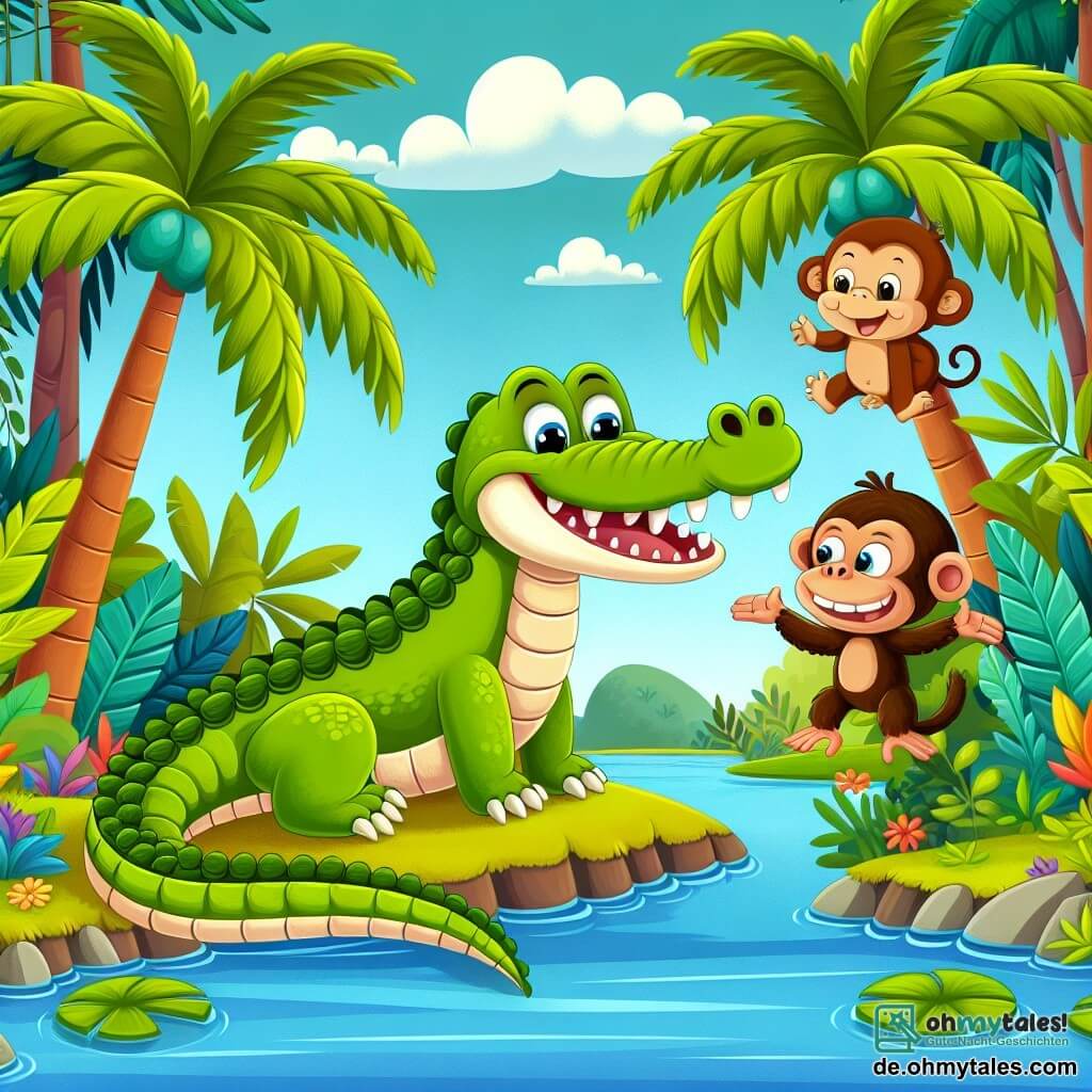 Une illustration destinée aux enfants représentant un crocodile vert joyeux se tenant au bord d'un lac entouré de palmiers, discutant avec un petit singe malicieux, dans le décor animé et coloré d'un jungle luxuriante.