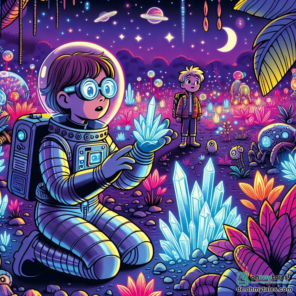 Une illustration sous forme de dessin destinée aux enfants représentant un paysage extraterrestre vibrant de couleurs, avec des plantes néon et un ciel violet, où une femme scientifique aux cheveux bruns et aux lunettes futuristes, vêtue d'une combinaison spatiale argentée, examine des cristaux lumineux avec émerveillement, tandis qu'un jeune homme aux cheveux blonds et à l'air curieux, vêtu d'une tenue d'ingénieur, observe attentivement à ses côtés, le tout illustrant leur découverte d'une nouvelle planète et leur interaction avec des créatures étranges et amicales.