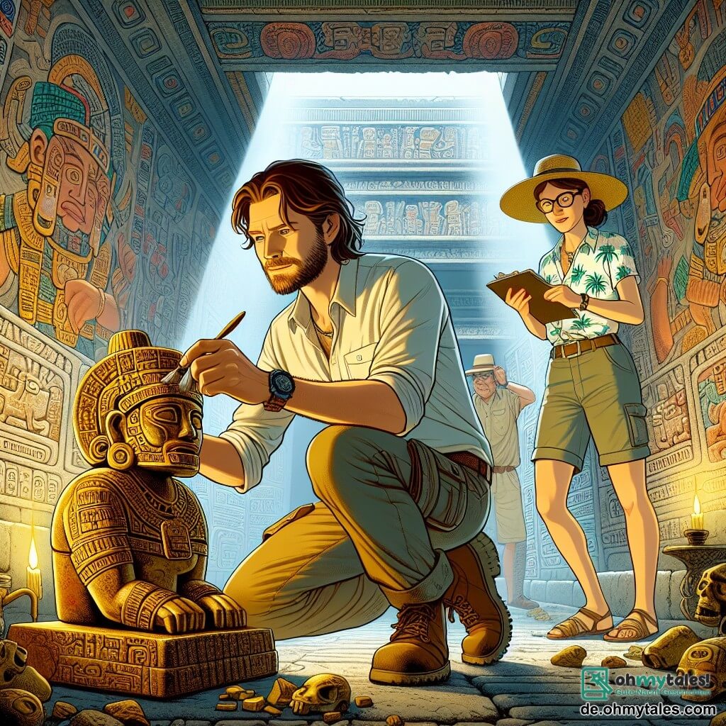 Illustration einer fesselnden Szene im Inneren eines alten aztekischen Tempels, mit Wänden, die mit bunten Fresken von Göttern und Ritualen geschmückt sind. Das gedämpfte Licht filtert durch Öffnungen und schafft eine mystische Atmosphäre. In der Mitte hockt ein etwa 30-jähriger Mann mit braunen Haaren und einem leichten Bart, der vorsichtig eine alte Goldstatue mit einem Pinsel reinigt. Er trägt einen Strohhut, ein Leinenhemd und Cargo-Hosen, was seine abenteuerliche Seite zeigt. Neben ihm steht eine etwa 40-jährige Frau mit braunen, zu einem Dutt gebundenen Haaren, die aufmerksam die Inschriften an den Wänden betrachtet. Sie trägt eine Brille, ein T-Shirt mit Palmenmotiv und eine Stoffshorts. Ihr Gesichtsausdruck ist konzentriert und leidenschaftlich, während sie in ein Notizbuch schreibt. Die Hauptsituation zeigt Aufregung und Entdeckung, während der Mann einen versteckten Schatz im Tempel entdeckt, symbolisiert durch ein goldenes Licht, das von der Statue ausgeht, die er hält. Archäologische Werkzeuge wie eine Schaufel und einen Eimer sind um sie herum verstreut und verstärken die Erkundungsatmosphäre. Tropische Pflanzen und Wurzeln von Bäumen überwuchern den Boden und betonen die geheimnisvolle und alte Kulisse dieser archäologischen Szene.