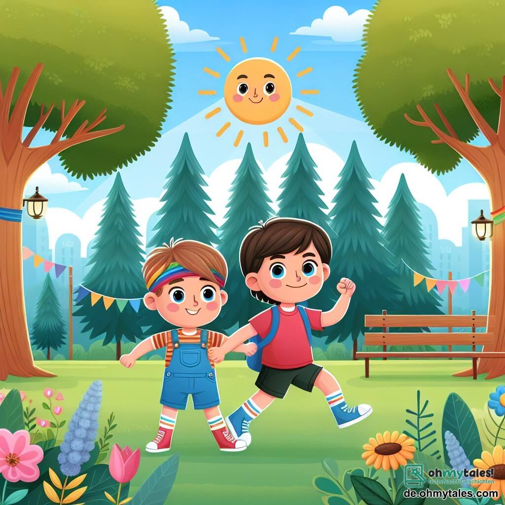 Une illustration destinée aux enfants représentant un garçon courageux défendant un garçon timide contre des stéréotypes de genre, dans un parc ensoleillé aux arbres majestueux et aux fleurs colorées, entourés de rires et de jeux.