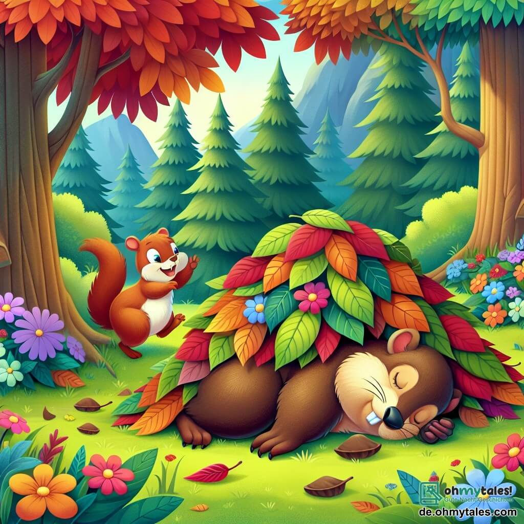 Une illustration destinée aux enfants représentant une marmotte endormie sous un tas de feuilles colorées, tandis qu'un écureuil espiègle tente de la réveiller, dans un paisible bosquet aux arbres majestueux et aux fleurs éclatantes.