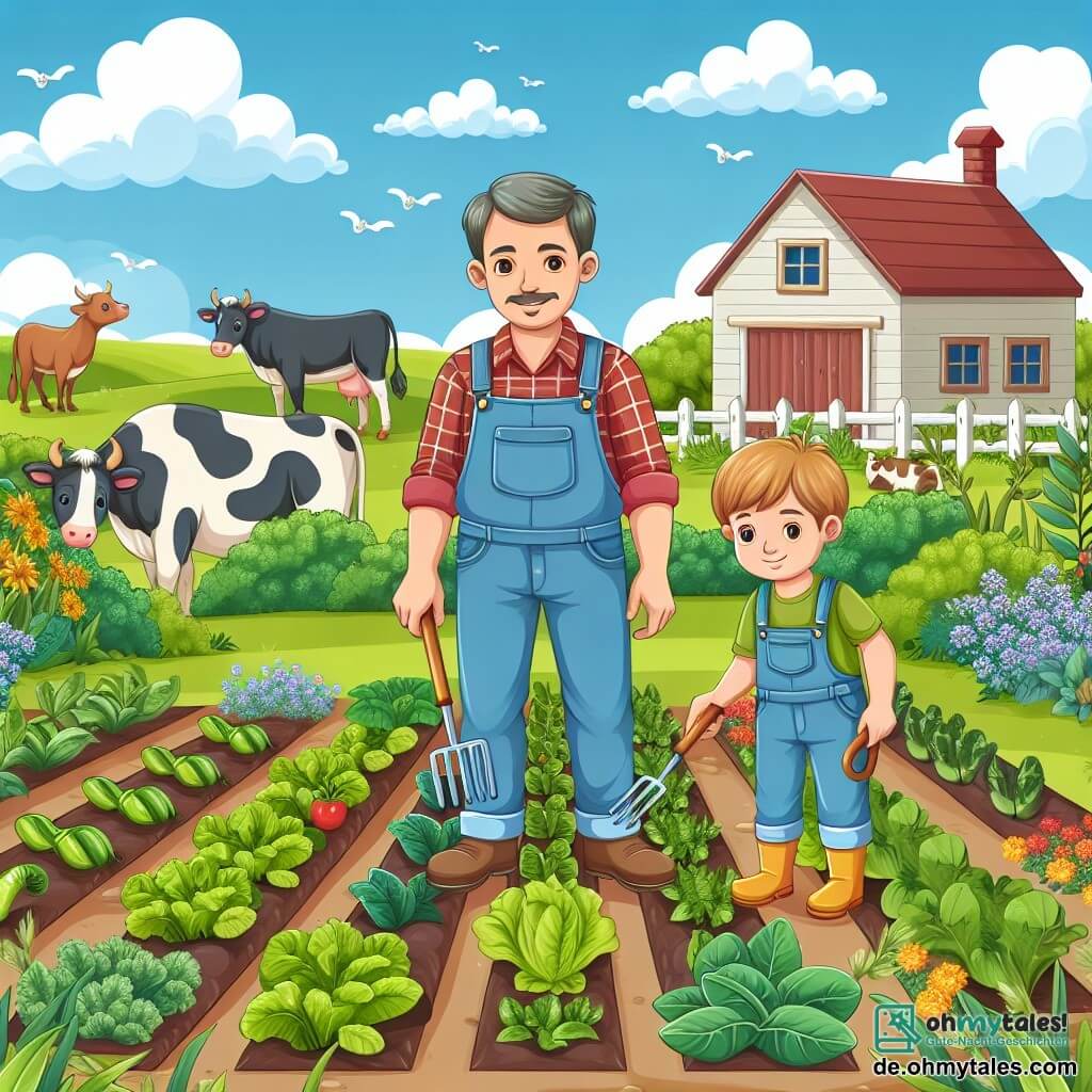 Une illustration destinée aux enfants représentant un homme agriculteur et son fils, un garçon, travaillant ensemble dans un jardin potager coloré et fleuri, situé au cœur d'une ferme avec des vaches paisibles broutant à l'arrière-plan.