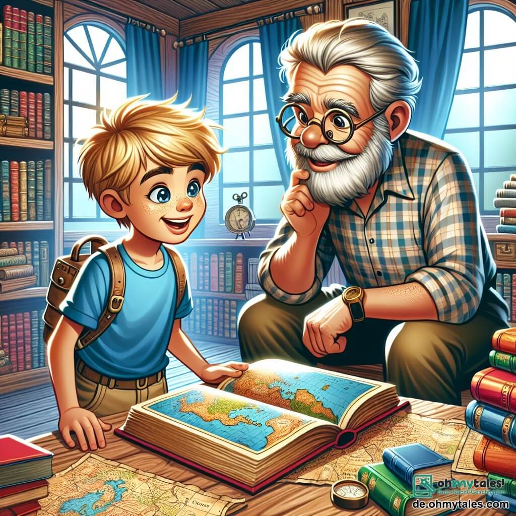 Une illustration sous forme de dessin destinée aux enfants représentant une grande chambre poussiéreuse remplie de cartes anciennes et de livres aux couvertures colorées, où un garçon aux cheveux blonds et aux yeux pétillants, vêtu d'un t-shirt bleu et d'un short, examine avec émerveillement un vieux livre ouvert sur une table en bois, tandis qu'un homme âgé aux lunettes rondes et à la barbe grise, habillé d'une chemise à carreaux, l'observe avec un sourire bienveillant, tous deux plongés dans l'excitation de découvrir un mystérieux message qui les mènera vers une aventure incroyable.