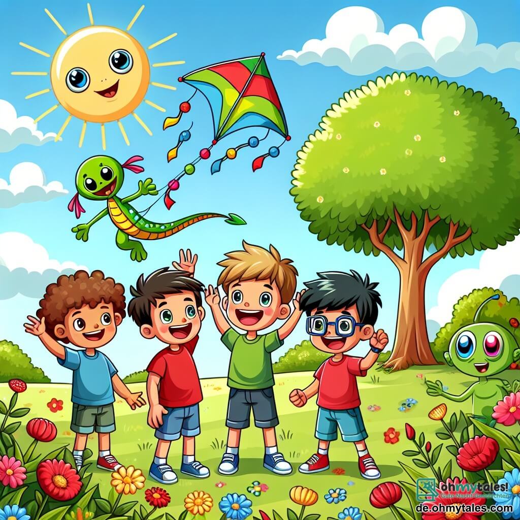 Eine Illustration zeigt einen sonnigen Park, gefüllt mit bunten Blumen in leuchtendem Rot, Gelb und Blau. In der Mitte steht ein großer Baum mit üppigem grünem Laub, der Schatten spendet, während der hellblaue Himmel mit einigen flauschigen weißen Wolken gesprenkelt ist. In dieser Szene stehen vier Jungen im Alter von etwa acht Jahren zusammen. Der erste Junge mit zerzausten braunen Haaren und einem roten T-Shirt lächelt breit und hält einen bunten Drachen in Form eines Drachen. Der zweite Junge mit blonden Haaren und einer blauen Shorts hebt die Arme in die Luft und zeigt seine Begeisterung. Der dritte Junge mit Brille und kastanienbraunen Haaren schaut fasziniert dem Drachen nach, der in den Himmel steigt. Schließlich lacht der vierte Junge mit schwarzen Haaren und einem grünen T-Shirt, während er versucht, seinen eigenen Drachen fliegen zu lassen. Neben ihnen beobachten drei kleine, grüne und glänzende Außerirdische mit großen, mehrfarbigen Augen neugierig die Szene. Einer von ihnen, der Größte, winkt mit der Hand und ahmt die Bewegung des Drachens nach, während die anderen vor Freude springen. Die Atmosphäre ist fröhlich und voller Energie und zeigt einen Moment der Freundschaft und Entdeckung zwischen den Kindern und ihren neuen Freunden von einem anderen Planeten. Bunte Schmetterlinge fliegen herum und verleihen diesem intergalaktischen Treffen einen Hauch von Magie.