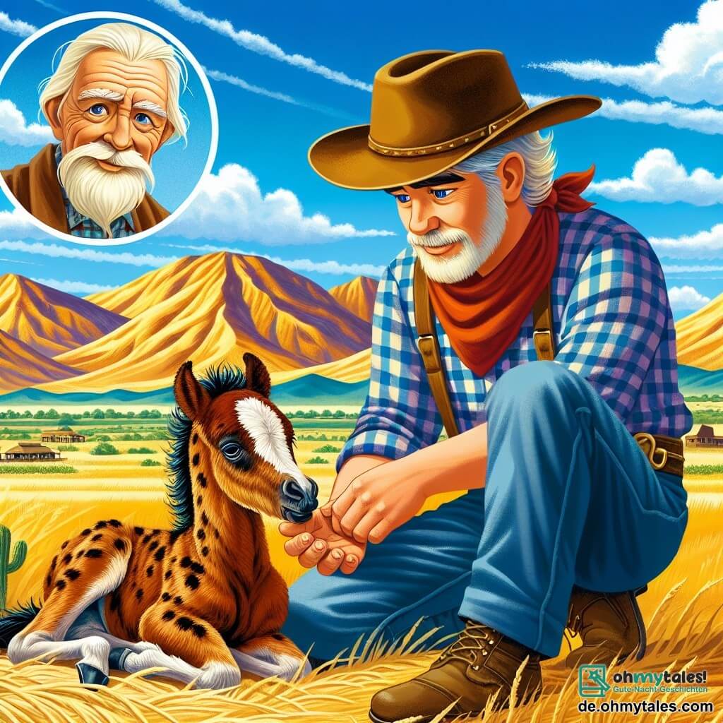 Une illustration sous forme de dessin destinée aux enfants représentant un vaste paysage du Far West, avec des collines dorées sous un ciel bleu éclatant, où un jeune cowboy aux cheveux roux et aux yeux bleus, vêtu d'un chapeau de cowboy et d'une chemise à carreaux, se penche avec attention pour soigner un fauve blessé, un petit poulain au pelage brun et aux yeux doux, tandis qu'en arrière-plan, un vieux sage au visage ridé et à la barbe blanche observe la scène avec un sourire bienveillant, illustrant ainsi le moment clé où le cowboy découvre que le véritable trésor réside dans l'amitié et le courage.