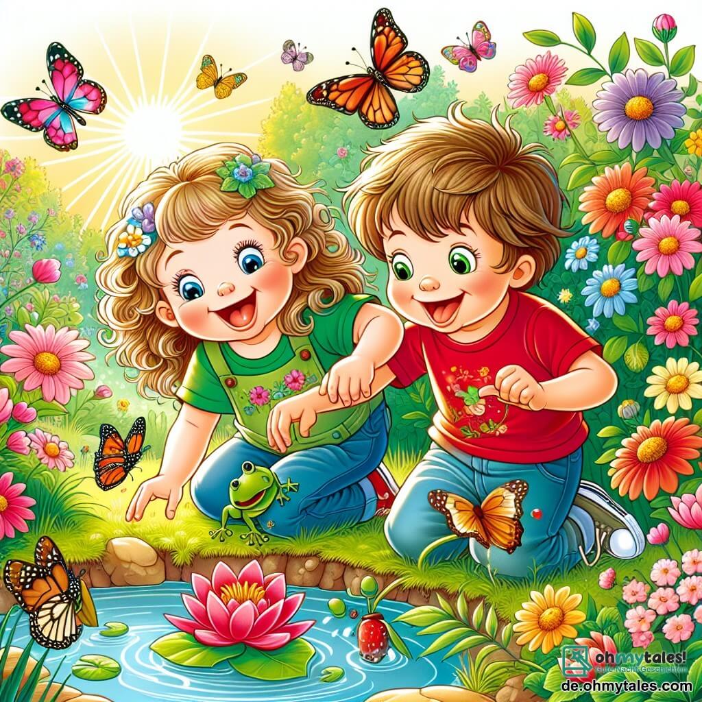 Une illustration sous forme de dessin destinée aux enfants représentant un jardin ensoleillé rempli de fleurs colorées et d'un petit étang, où une fille de 3 ans aux longs cheveux bouclés et aux grands yeux brillants rit joyeusement en jouant avec un garçon de 4 ans aux cheveux bruns courts, portant un t-shirt rouge, alors qu'ils s'amusent à attraper des papillons et à observer un petit grenouille assise sur une feuille, illustrant ainsi leur belle amitié et leur esprit d'aventure.