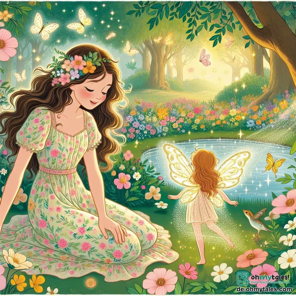Une illustration sous forme de dessin destinée aux enfants représentant un magnifique jardin enchanté rempli de fleurs colorées et de papillons scintillants, où une femme aux cheveux longs et ondulés, vêtue d'une robe légère et fleurie, sourit joyeusement en se penchant vers un étang étincelant, tandis qu'une petite fée lumineuse aux ailes délicates et scintillantes vole autour d'elle, créant une atmosphère magique où la femme exprime son souhait de voir tous les animaux du bois heureux, entourée de chants d'oiseaux joyeux et d'une lumière dorée filtrant à travers les arbres.