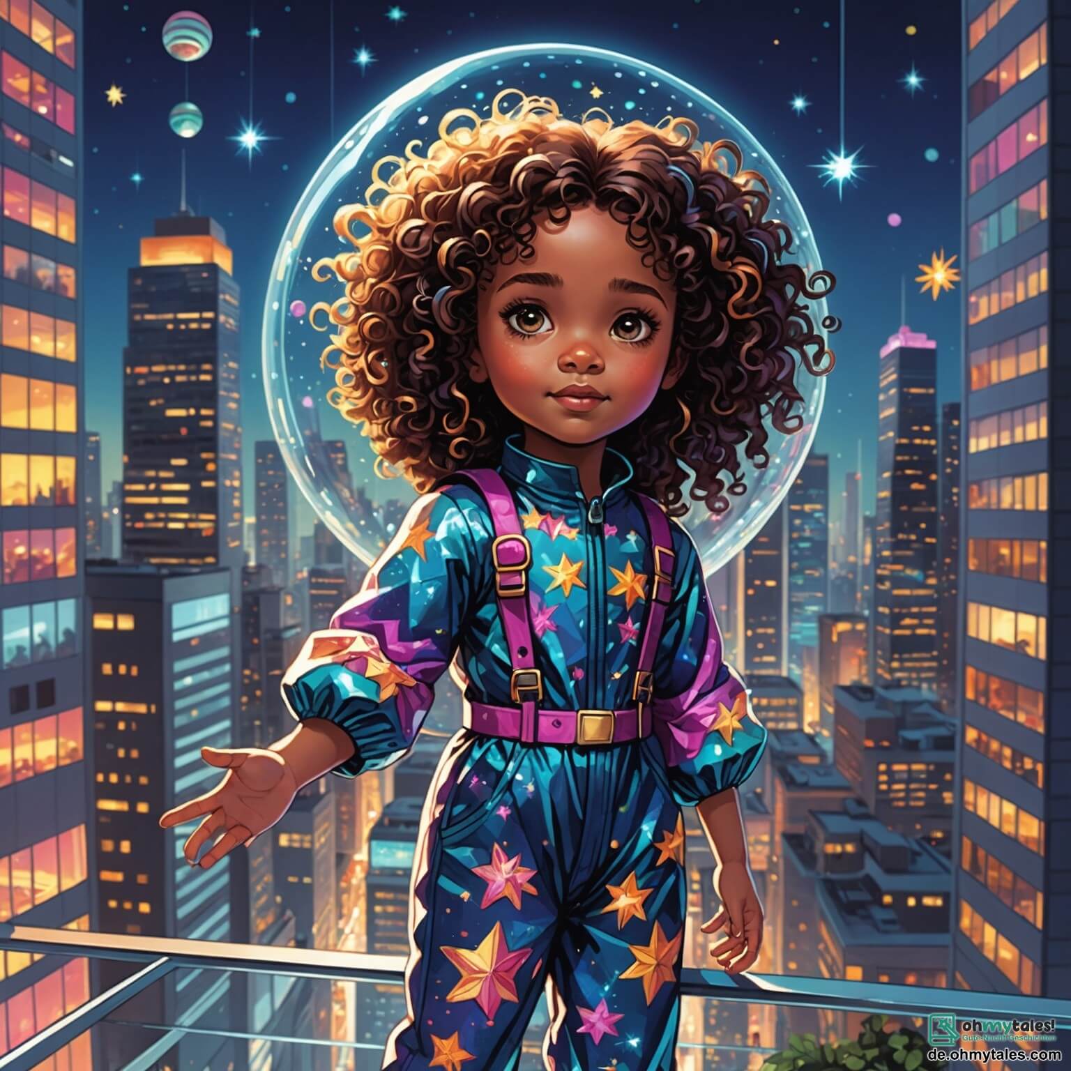 Une illustration destinée aux enfants représentant une petite fille aux yeux pétillants et aux cheveux bouclés, vêtue d'une combinaison colorée ornée de motifs d'étoiles scintillantes, se tenant sur un balcon en verre transparent surplombant une ville futuriste où des gratte-ciels en forme de fleurs géantes s'élèvent vers le ciel, illuminés par des néons multicolores, tandis que des robots volants aux formes amusantes glissent gracieusement entre les bâtiments, et où la petite fille rêve de toucher les étoiles, accompagnée de sa maman, une femme souriante aux cheveux longs et lisses, qui l'encourage à croire en ses rêves, le tout baigné dans une atmosphère magique et pétillante de joie et d'émerveillement.