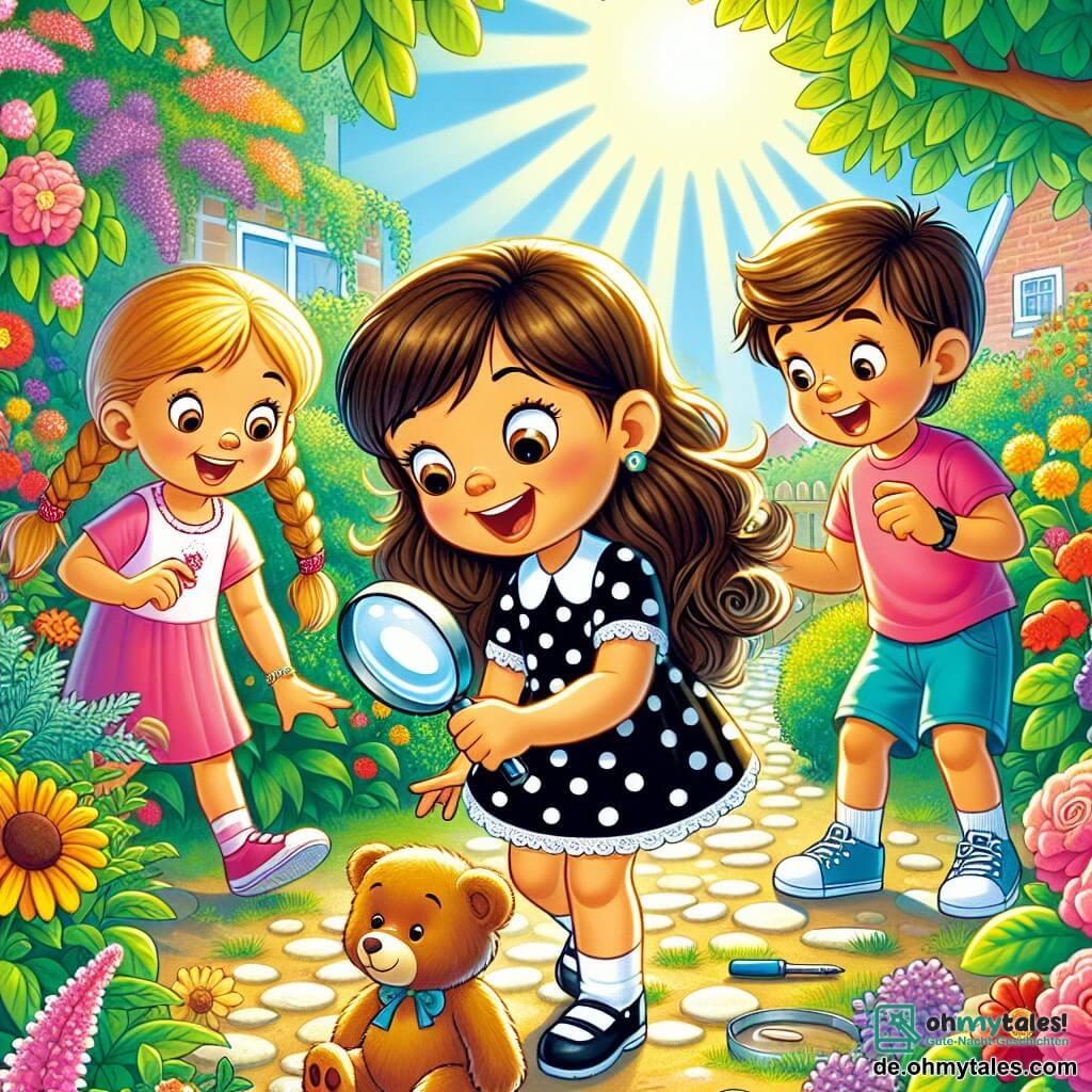 Une illustration sous forme de dessin destinée aux enfants représentant un jardin ensoleillé rempli de fleurs colorées et d'arbres verdoyants, où une petite fille de 5 ans aux longs cheveux bruns et aux yeux pétillants, vêtue d'une robe à pois, cherche son teddy bear perdu avec une loupe dans la main, tandis que deux amis, une fille aux cheveux blonds en tresse portant un t-shirt rose et un garçon aux cheveux châtains en short bleu, l'aident en scrutant le sol avec curiosité, tous trois affichant des expressions déterminées et joyeuses, symbolisant leur aventure en tant que petits enquêteurs à la recherche du précieux jouet.