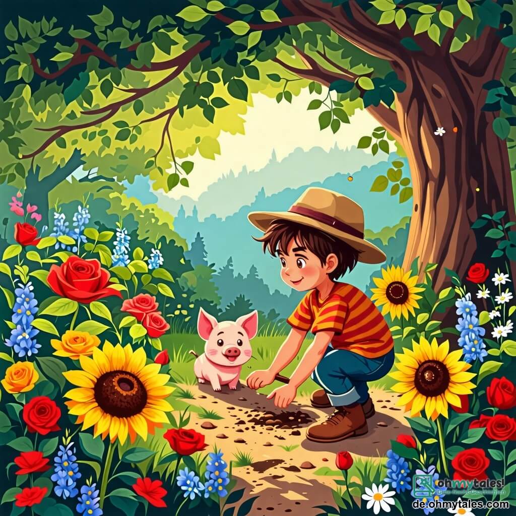 Illustration eines wunderschönen geheimen Gartens voller bunter Blumen, mit roten Rosen, gelben Sonnenblumen und zarten Veilchen, die im Wind tanzen. In der Mitte steht ein großer Baum mit knorrigen, belaubten Ästen, der Schatten und eine geheimnisvolle Atmosphäre bietet. Ein 5-jähriger Junge mit zerzausten braunen Haaren und neugierigen Augen trägt eine kleine Abenteurerkappe und ein gestreiftes T-Shirt. Er hockt sich begeistert und durchsucht den Boden mit einem kleinen Gartengerät in den Händen. Neben ihm steht ein kleines rosa Schwein mit glänzenden Augen und einem schelmischen Lächeln, bereit, ihm bei seiner Suche zu helfen. Das Schwein wirkt fröhlich, mit einem kleinen, aufgeregten Lockenschwänzchen. Die Szene zeigt den Moment, in dem der Junge und sein Freund eine geheimnisvolle Box entdecken, die unter den Wurzeln des Baumes versteckt ist, beleuchtet von den Sonnenstrahlen, die durch die Blätter filtern. Lichtblitze funkeln um sie herum und verleihen der Atmosphäre einen magischen Touch. Bunte Schmetterlinge fliegen umher, und die Luft ist erfüllt vom süßen Duft der Blumen.