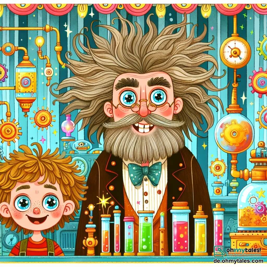 Une illustration destinée aux enfants représentant un homme inventeur aux cheveux fous et à la barbe broussailleuse, accompagné d'un garçon curieux aux yeux pétillants, dans un laboratoire magique rempli de machines colorées et étranges.