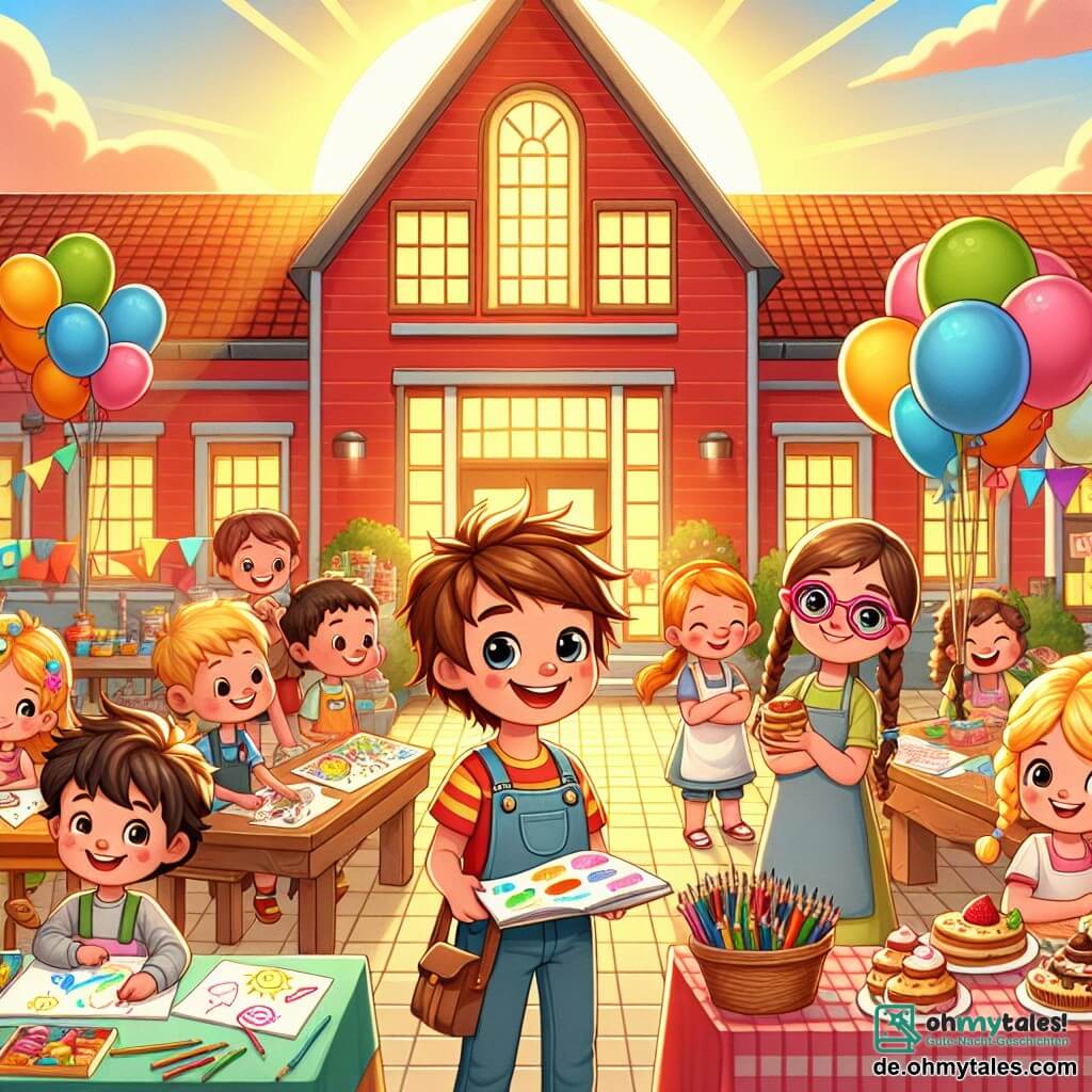 Illustration eines großen und einladenden Gemeinschaftszentrums im Herzen eines sonnigen Dorfes. Das Gebäude ist leuchtend rot gestrichen, mit großen Fenstern, die Licht hereinlassen, und bunten Ballons, die am Eingang schweben. Innen sind Tische mit Kinderzeichnungen und köstlichen Gebäcken gedeckt. Im Vordergrund hält ein achtjähriger Junge mit zerzausten braunen Haaren und strahlendem Lächeln ein großes, buntes Plakat mit der Aufschrift "Gemeinsam für eine bessere Zukunft". Neben ihm steht ein siebenjähriges Mädchen mit geflochtenen blonden Haaren, das eine Schürze trägt und lächelnden Besuchern selbstgemachte Kekse anbietet. Ein neunjähriger Junge mit Brille und schwarzen Haaren spielt mit Kindern um ein Brettspiel, während ein achtjähriges Mädchen mit rosa Brille Buntstifte und Hefte an wartende Kinder verteilt. Die Szene strahlt Freude und Solidarität aus, mit glücklichen Familien, die Kleidung und Essen erhalten. Strahlende Lächeln erhellen die Gesichter von Kindern und Erwachsenen und schaffen eine warme, einladende Atmosphäre. Bunte Plakate schmücken die Wände, und Zeichnungen von Tieren und Landschaften verleihen diesem Moment des Teilens und der gegenseitigen Hilfe einen Hauch von Magie.