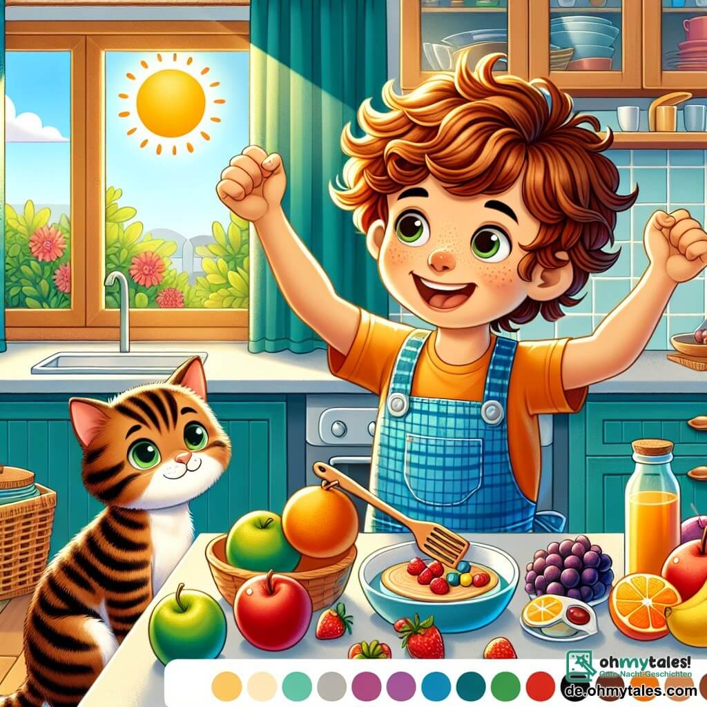 Une illustration sous forme de dessin destinée aux enfants représentant une cuisine colorée et ensoleillée, où un garçon de 5 ans aux cheveux châtains et bouclés, portant un tablier bleu, s'active joyeusement à préparer un petit-déjeuner avec des fruits colorés, tandis qu'un chat tigré aux yeux verts, curieux et affamé, observe la scène avec intérêt, le tout illustrant la magie d'un moment spécial pour la fête des pères, rempli de rires et d'amour.