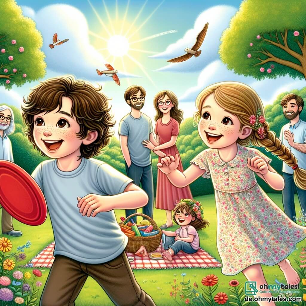 Illustration einer warmen Szene in einem sonnigen Park mit grünen Bäumen und bunten Blumen, die im Wind tanzen. In der Mitte lächelt ein etwa 8-jähriger Junge mit lockigem braunem Haar fröhlich, während er einen roten Frisbee in den Händen hält. Neben ihm lacht ein etwa 7-jähriges Mädchen mit geflochtenem blonden Haar und einem Blumenkleid, während sie auf ihn zuläuft, bereit den Frisbee zu fangen. Im Hintergrund beobachtet ein etwa 30-jähriger Mann mit Brille und einem wohlwollenden Lächeln stolz die Kinder, während eine gleichaltrige Frau mit langen braunen Haaren neben ihm steht und einen sanften, ermutigenden Blick hat. Die Hauptsituation zeigt die Harmonie und Verbundenheit zwischen den Figuren, trotz der Veränderungen in ihrem Leben, und symbolisiert die familiäre Liebe, die über Trennungen hinaus Bestand hat. Grafische Elemente wie flauschige Wolken am blauen Himmel und ein buntes Picknick auf einer karierten Decke fügen dieser Szene eine Note von Freude und Geselligkeit hinzu.