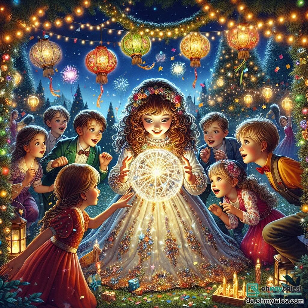 Illustration einer magischen Szene in einem Garten, der von funkelnden Lichtern und bunten Laternen erleuchtet wird, wo ein großer Baum mit lichtbeladenen Ästen unter einem sternenklaren Himmel strahlt. In der Mitte steht ein 11-jähriges Mädchen mit braunen, lockigen Haaren, das ein festliches, glitzerndes Kleid trägt; ihre Augen funkeln vor Aufregung, während sie eine leuchtende Glitzerkugel in den Händen hält. Um sie herum stehen drei Freunde, zwei Jungen von etwa 11 Jahren und ein Mädchen von 10 Jahren, alle lächelnd und in bunten Kleidern, die die Glitzerkugel bewundernd betrachten. Die Hauptsituation zeigt das Mädchen, das sich etwas bei der Glitzerkugel wünscht, während ihre Freunde sie umgeben, gespannt und neugierig. Konfetti schwebt in der Luft, und in der Ferne explodieren Feuerwerke, die dieser Neujahrsfeier einen Hauch von Magie verleihen.