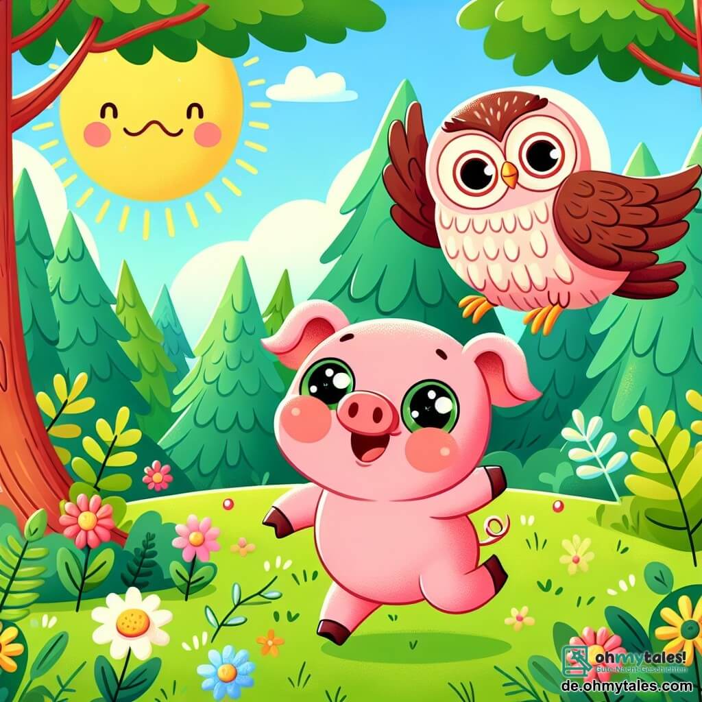 Une illustration sous forme de dessin destinée aux enfants représentant une clairière ensoleillée dans une forêt verdoyante, où un petit cochon rose aux joues rondes et aux yeux pétillants, sautillant joyeusement, cherche son ballon rouge perdu, tandis qu'une sage chouette aux plumes brunes et aux grands yeux ronds, perchée sur une branche, observe et encourage son ami dans sa quête, entourés de fleurs colorées et de grands arbres majestueux.