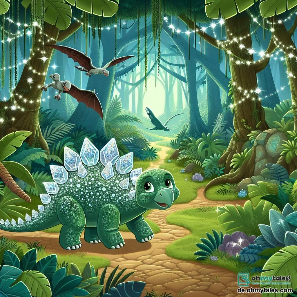 Une illustration destinée aux enfants représentant un petit stégosaure avec des plaques scintillantes, accompagné de sa meilleure amie, une pteranodon, explorant un dense et verdoyant jungle rempli de mystères et de trésors cachés.