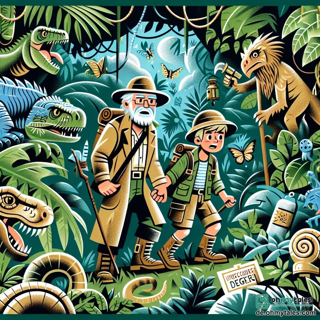 Une illustration destinée aux enfants représentant un explorateur intrépide et curieux, accompagné d'un guide sage et expérimenté, se lançant dans une aventure épique à travers un dense et mystérieux Dschungel peuplé de créatures exotiques et de dangers cachés.