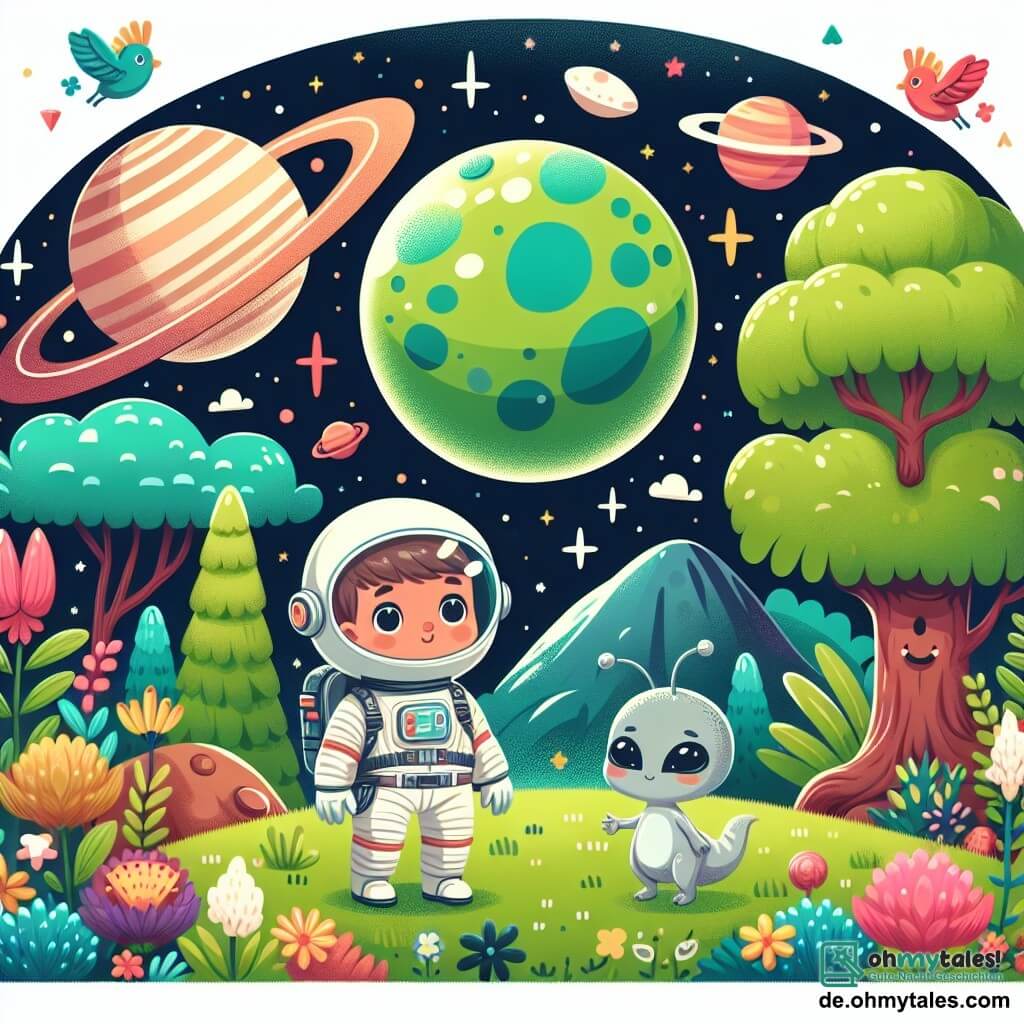 Une illustration destinée aux enfants représentant un astronaute courageux, un petit extraterrestre curieux, et une planète luxuriante aux arbres géants, aux fleurs colorées et aux oiseaux chantants, tous situés dans un lointain système solaire.